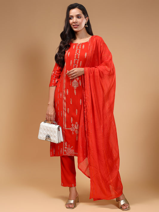 Ethnic Motifs Printed Liva Kurta With Trousers & Dupatta - Five Miles