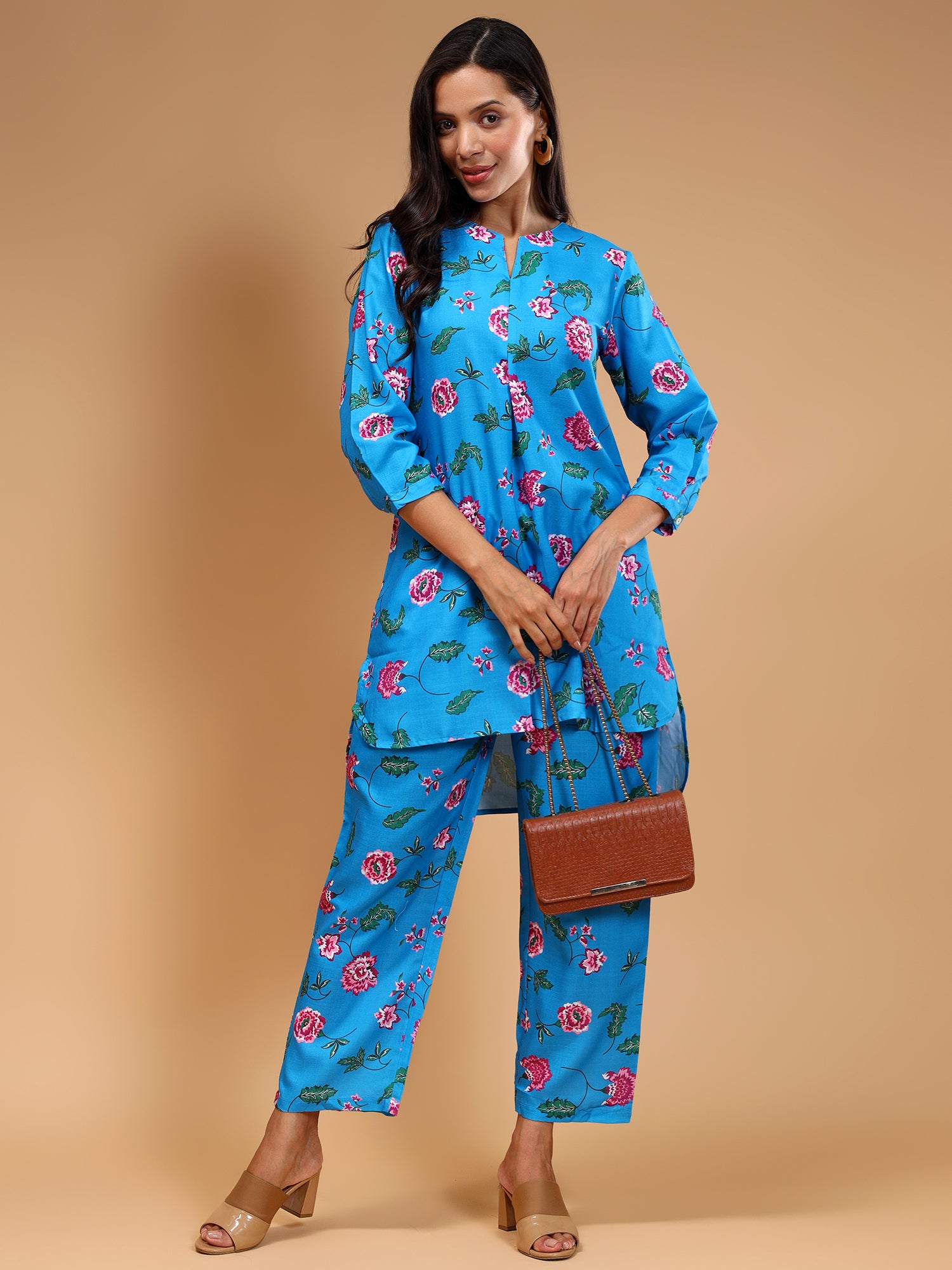 Floral Printed Regular Kurti with Trousers - Five Miles