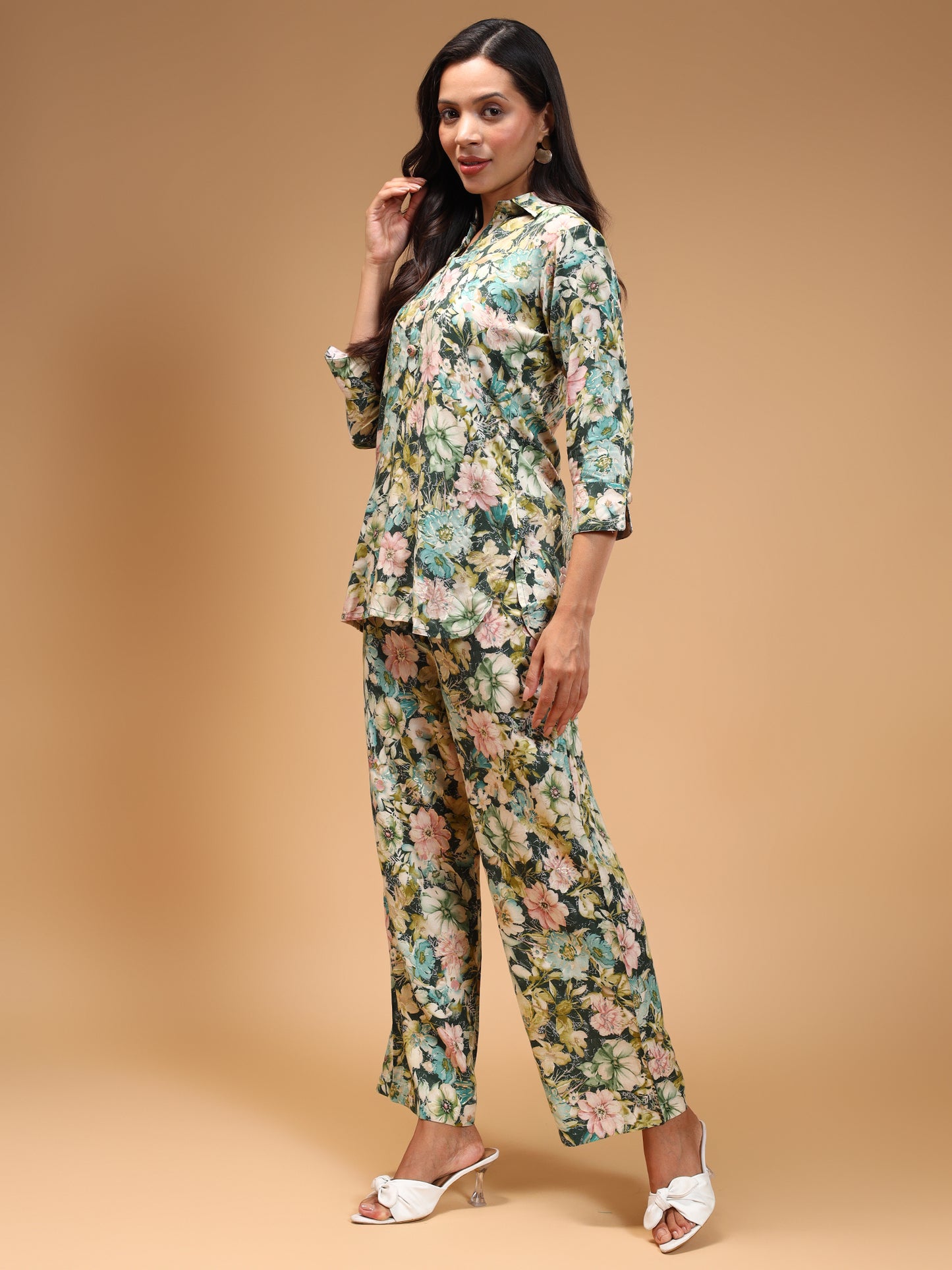 Floral Printed Shirt Collar Tunic and Trousers - Five Miles