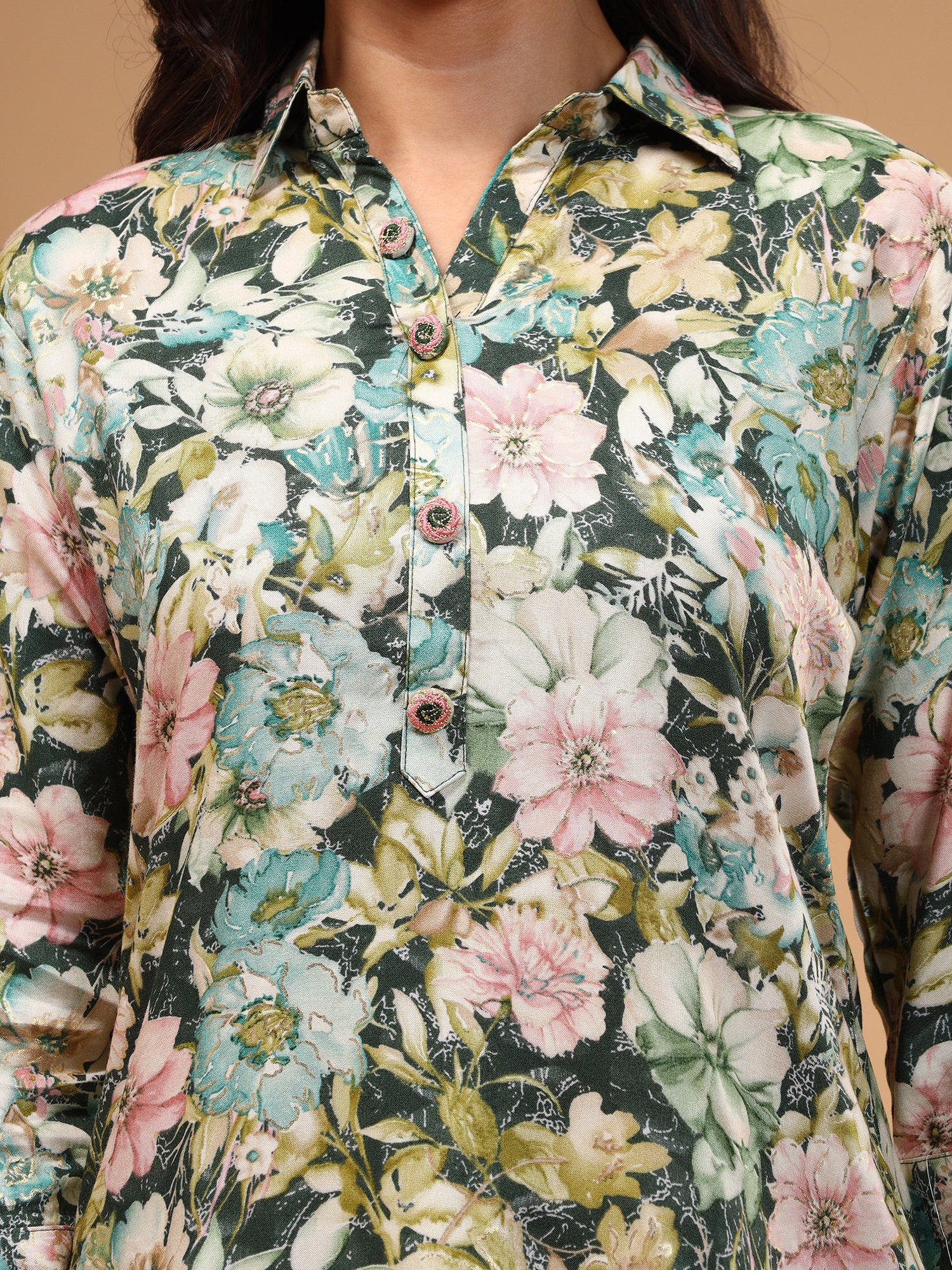 Floral Printed Shirt Collar Tunic and Trousers - Five Miles