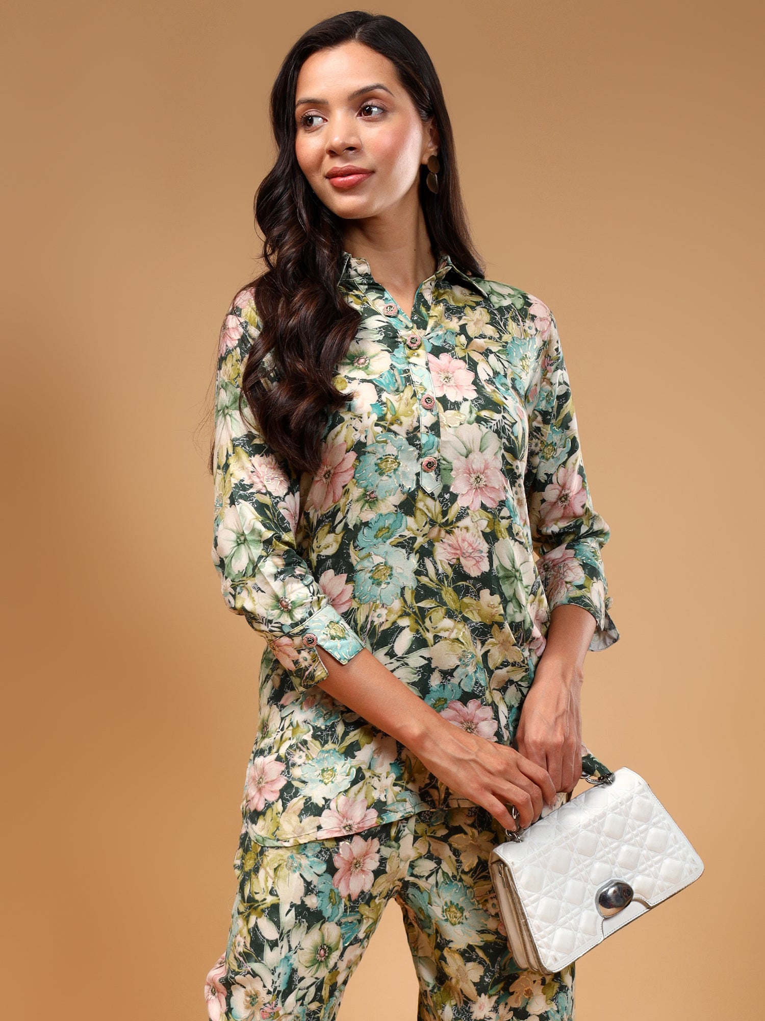 Floral Printed Shirt Collar Tunic and Trousers - Five Miles