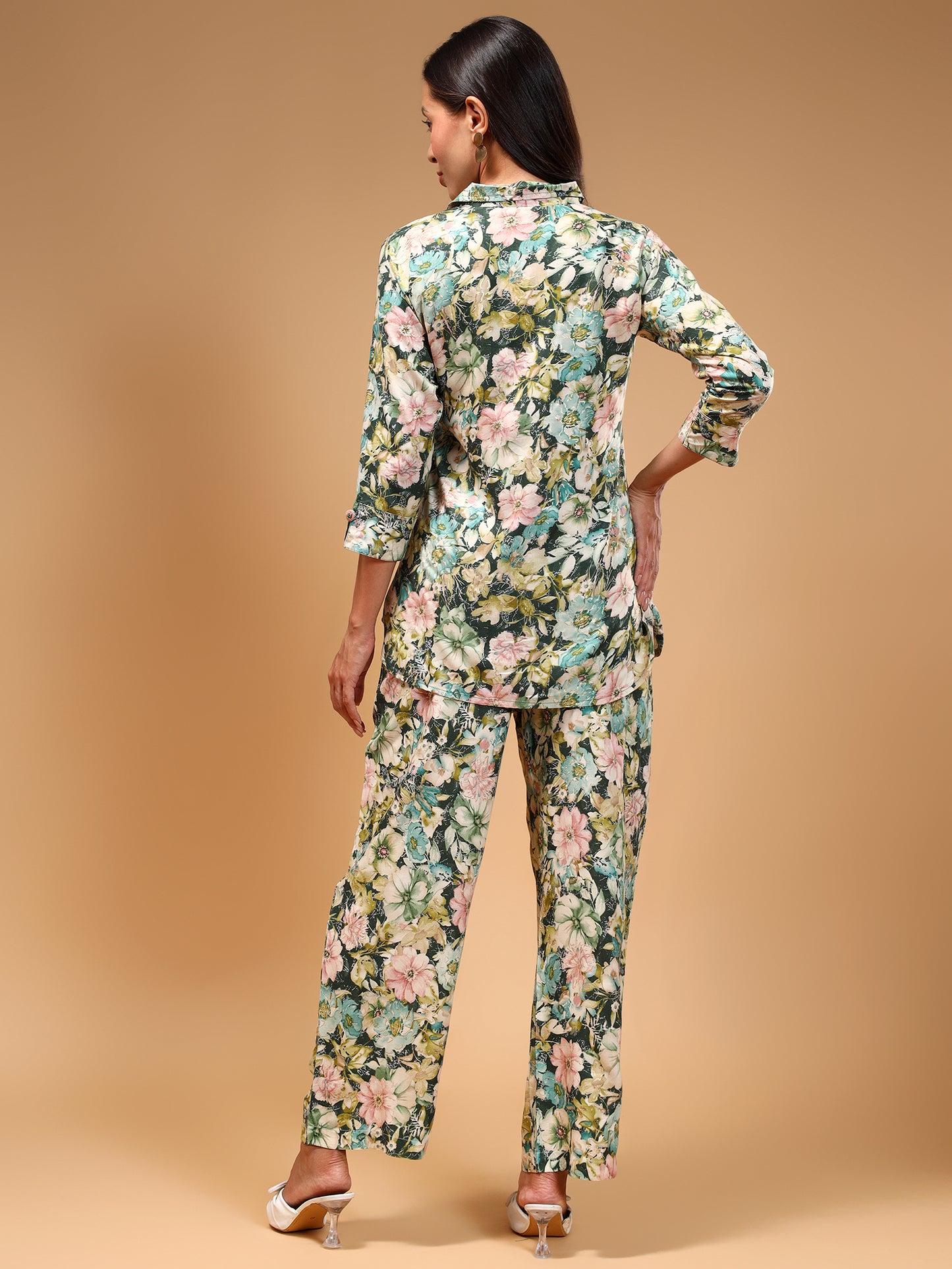 Floral Printed Shirt Collar Tunic and Trousers - Five Miles