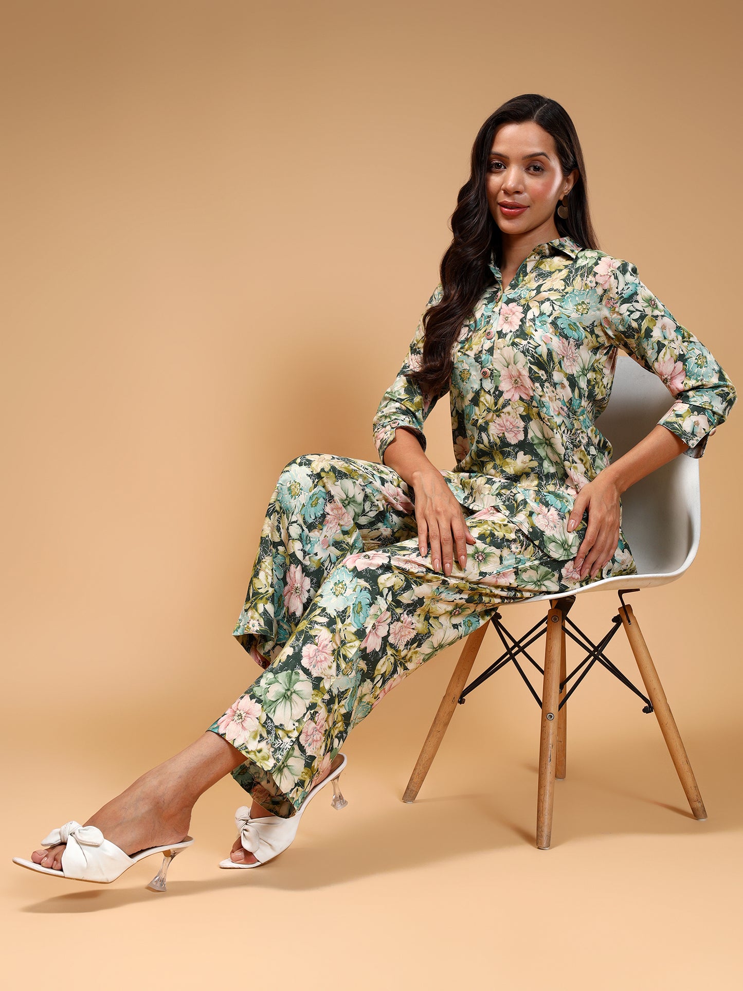 Floral Printed Shirt Collar Tunic and Trousers - Five Miles