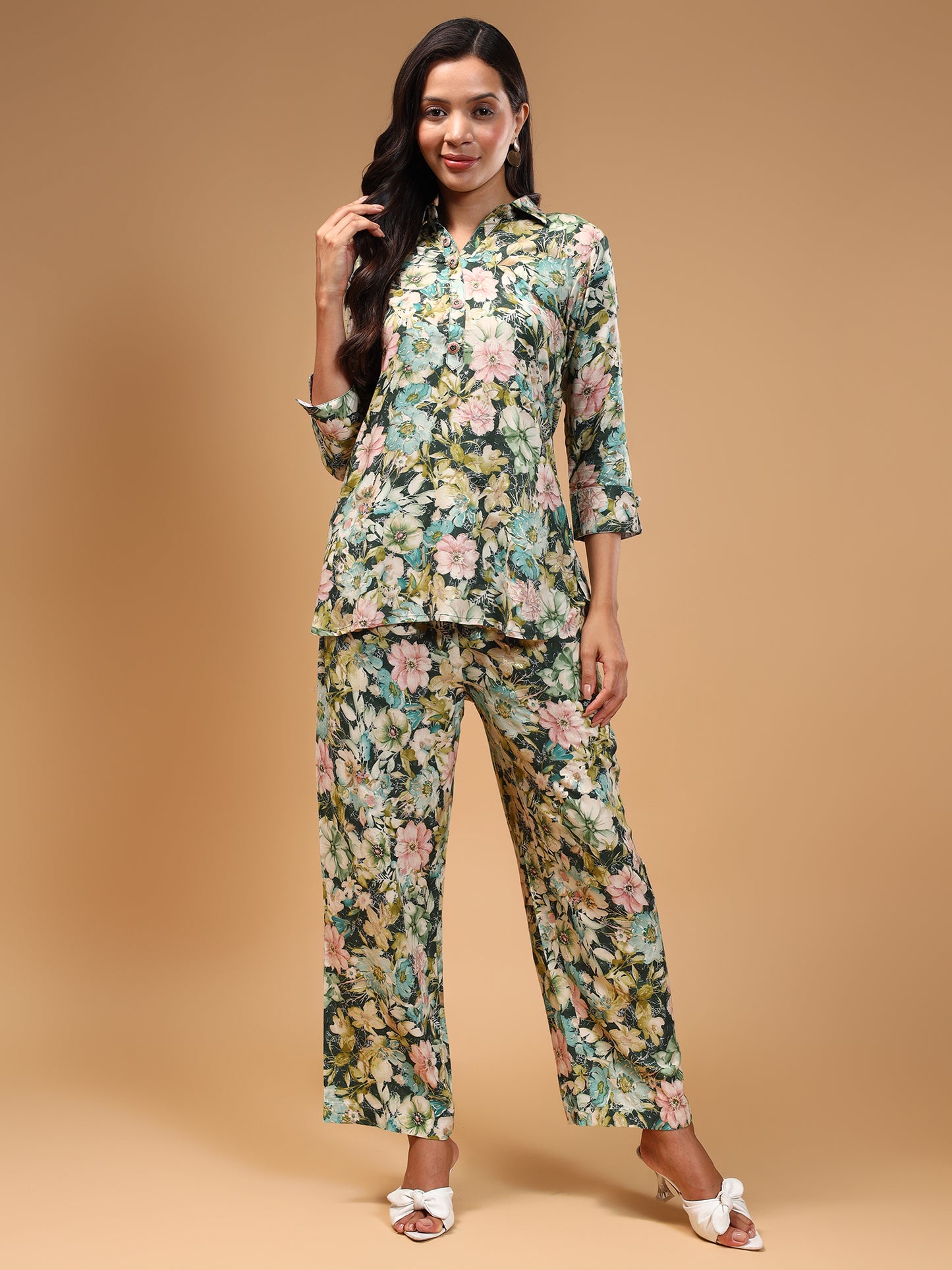 Floral Printed Shirt Collar Tunic and Trousers - Five Miles