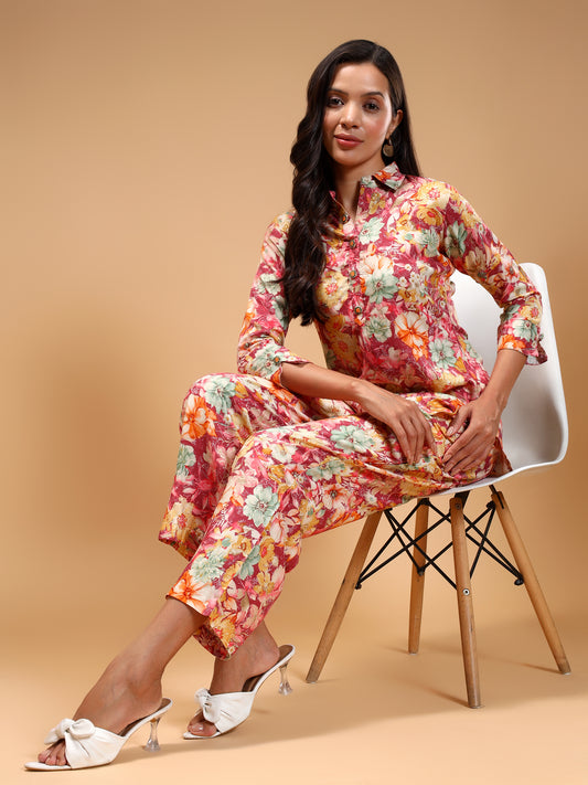 Floral Printed Shirt Collar Tunic and Trousers - Five Miles