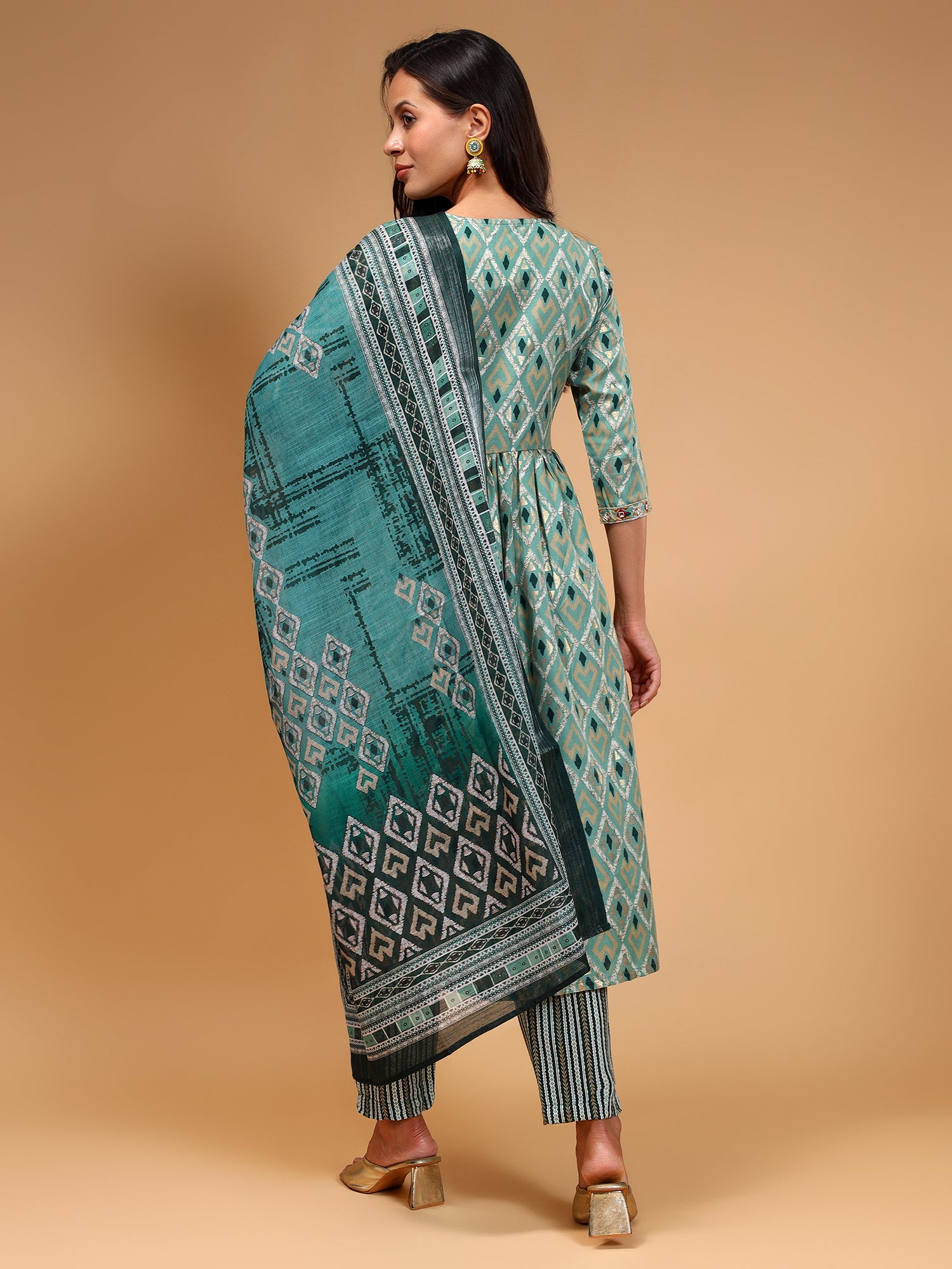 Geometric Printed Empire Kurta With Trousers & Dupatta - Five Miles