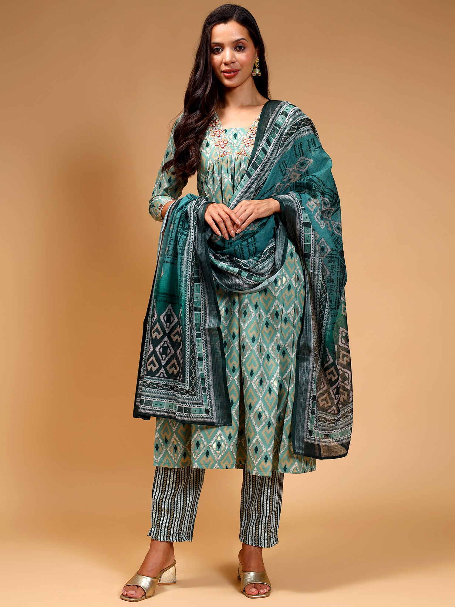 Geometric Printed Empire Kurta With Trousers & Dupatta - Five Miles