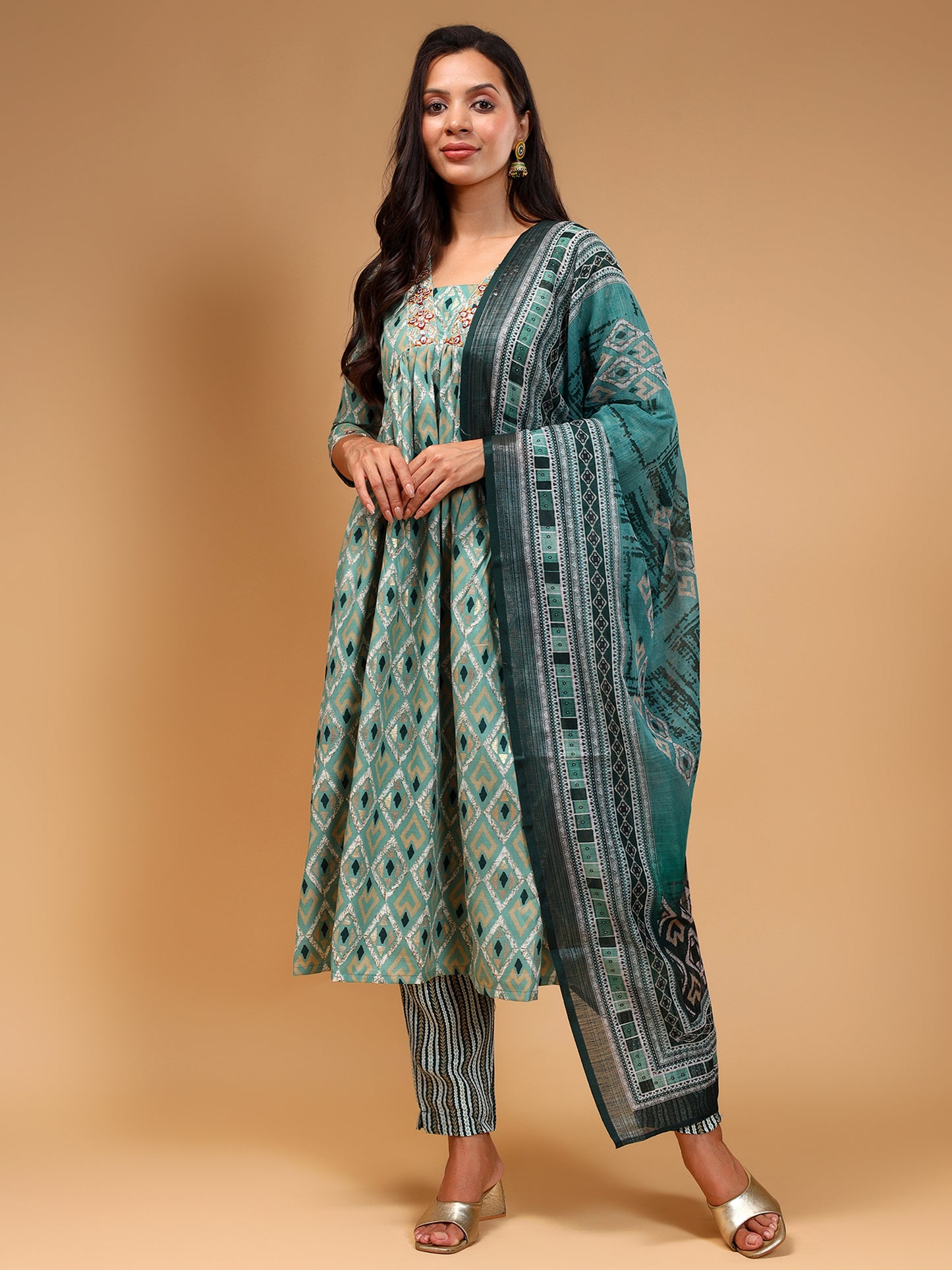 Geometric Printed Empire Kurta With Trousers & Dupatta - Five Miles