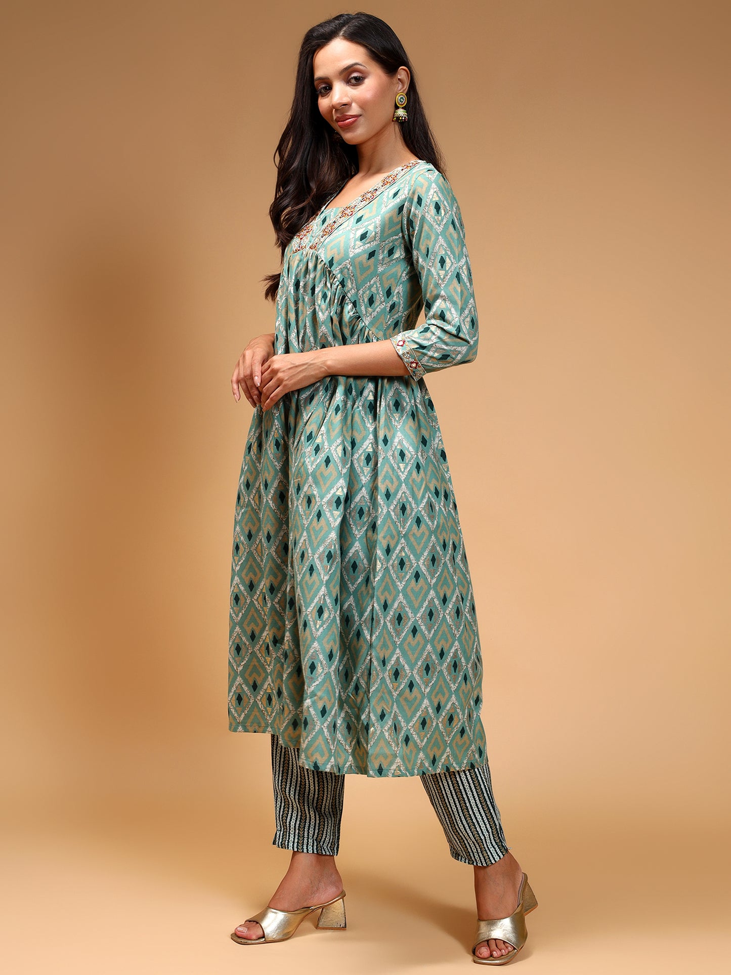 Geometric Printed Empire Kurta With Trousers & Dupatta - Five Miles