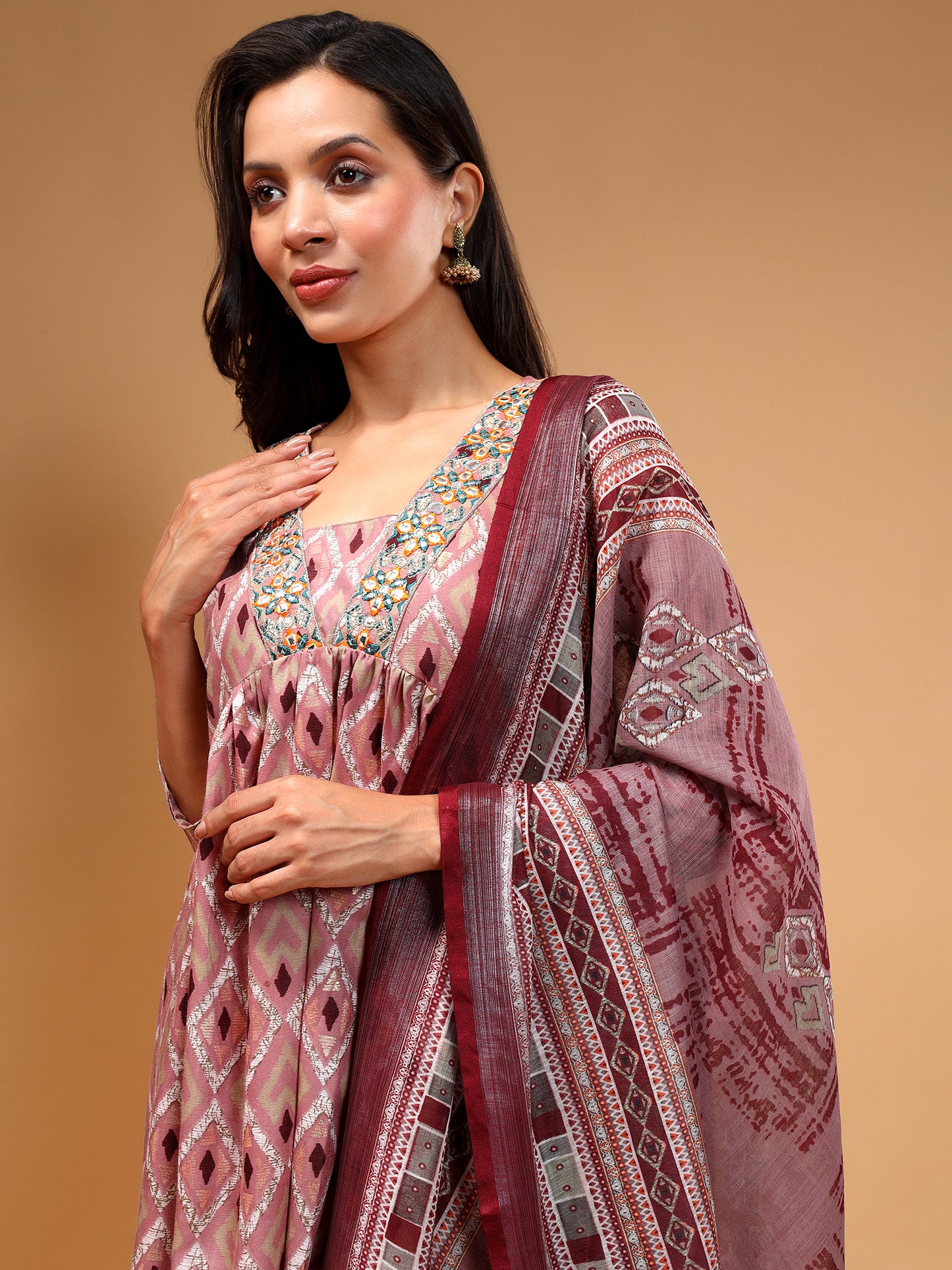 Geometric Printed Empire Kurta With Trousers & Dupatta - Five Miles