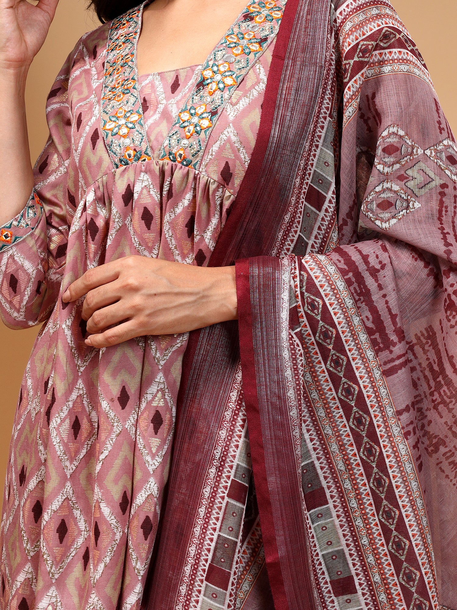 Geometric Printed Empire Kurta With Trousers & Dupatta - Five Miles