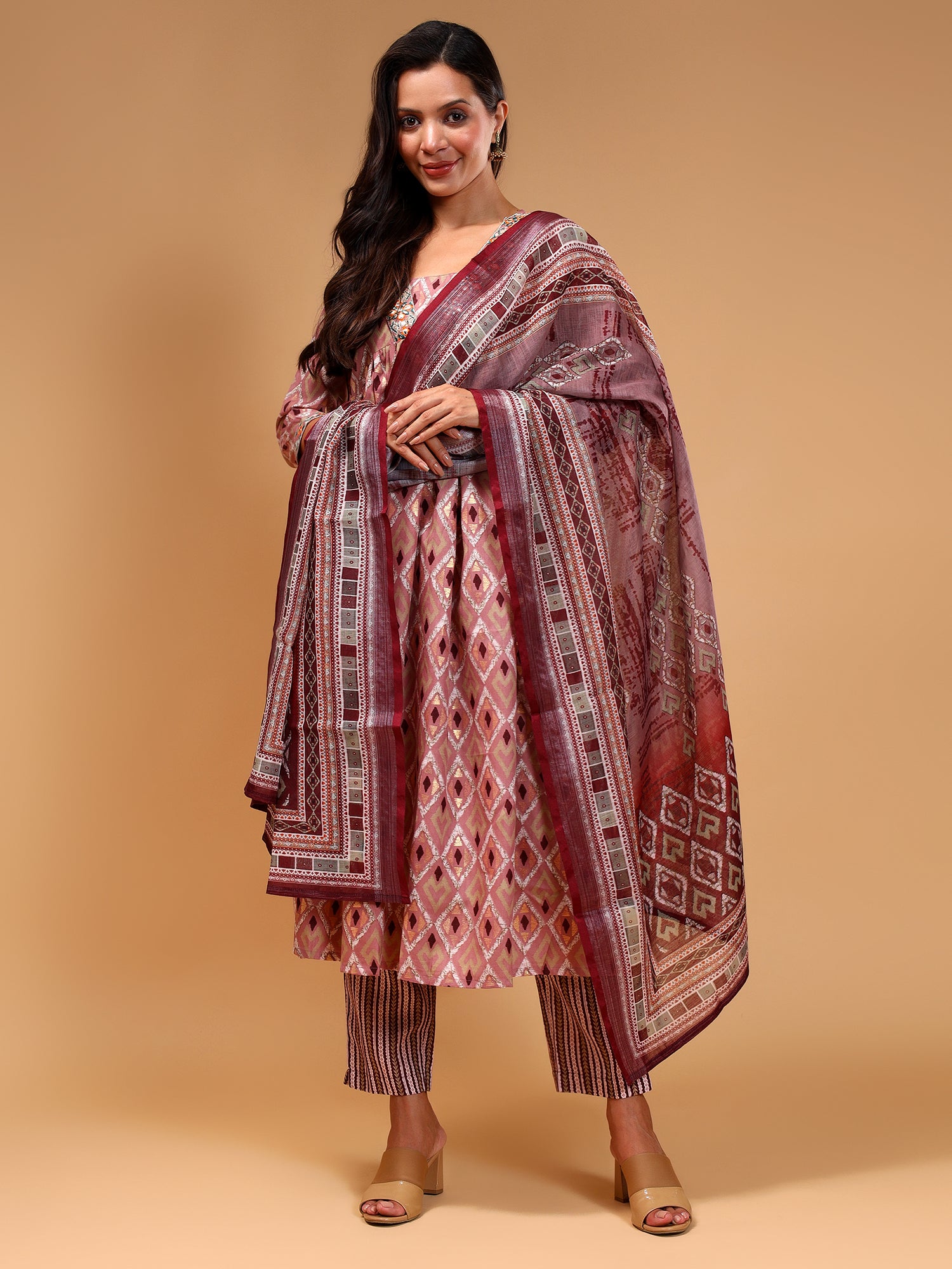 Geometric Printed Empire Kurta With Trousers & Dupatta - Five Miles