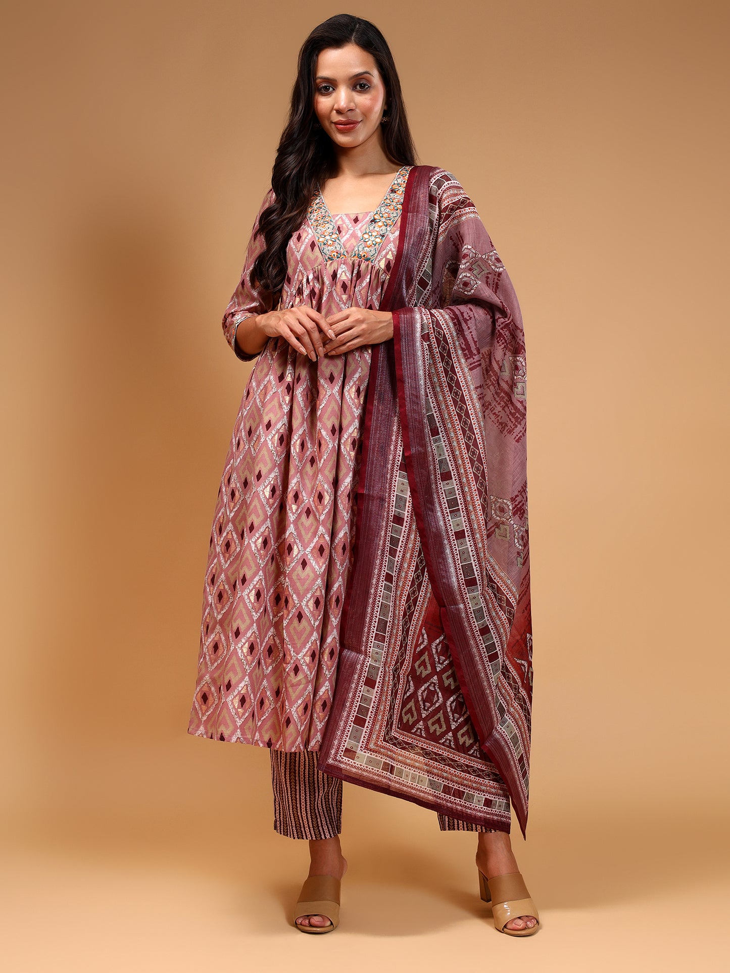 Geometric Printed Empire Kurta With Trousers & Dupatta - Five Miles