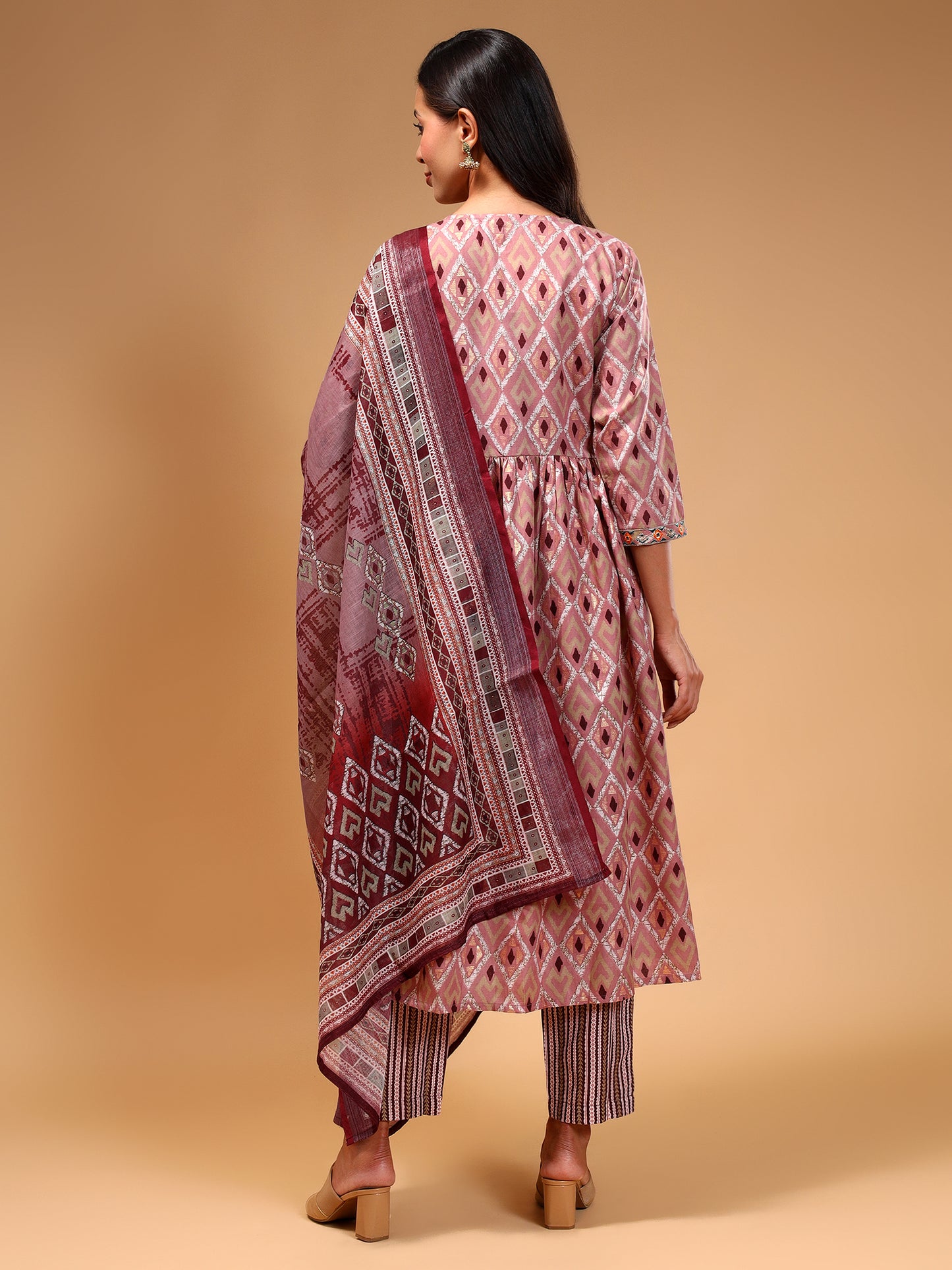 Geometric Printed Empire Kurta With Trousers & Dupatta - Five Miles