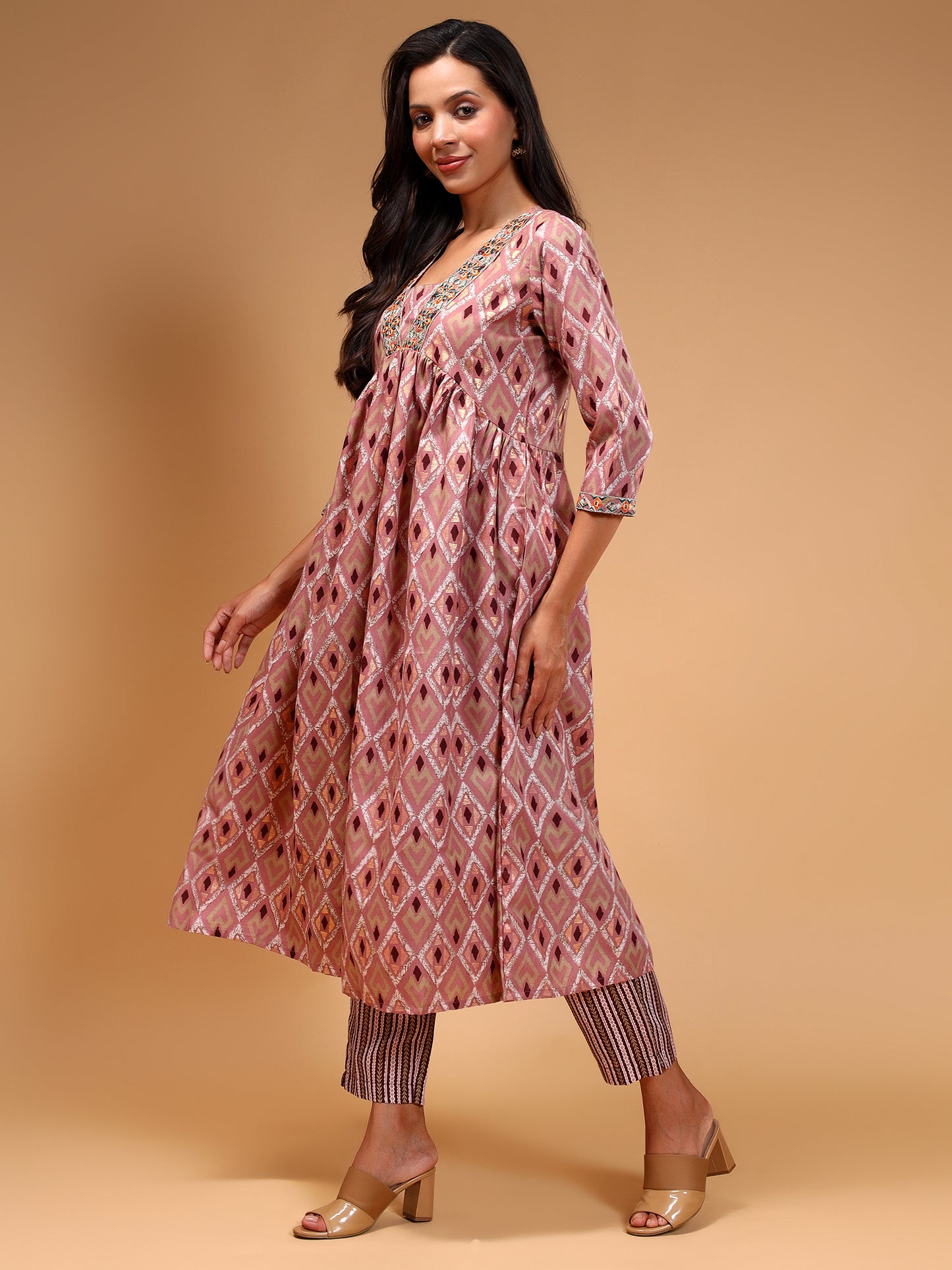 Geometric Printed Empire Kurta With Trousers & Dupatta - Five Miles