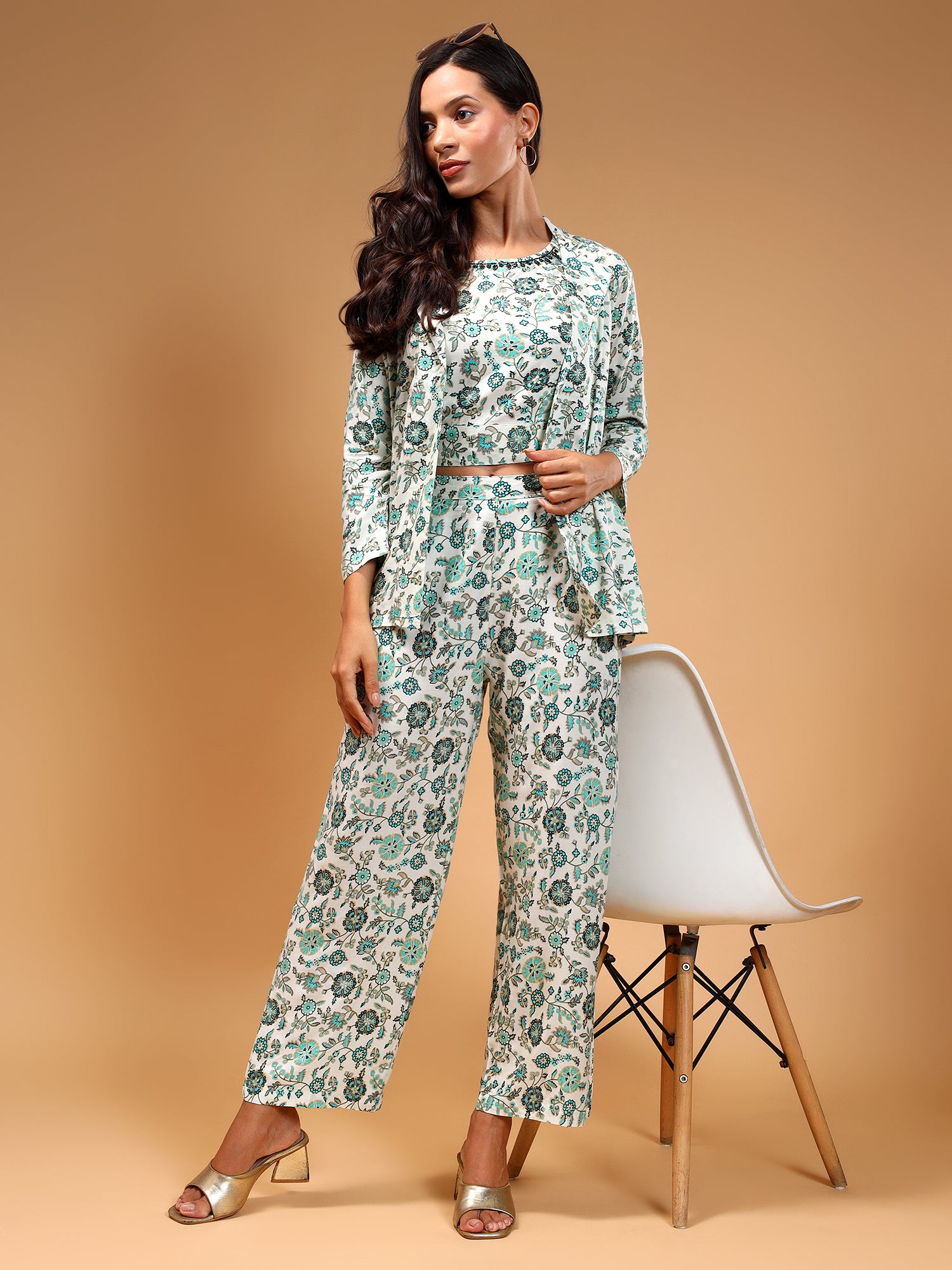 Floral Printed Top & Trousers With Shrug - Five Miles