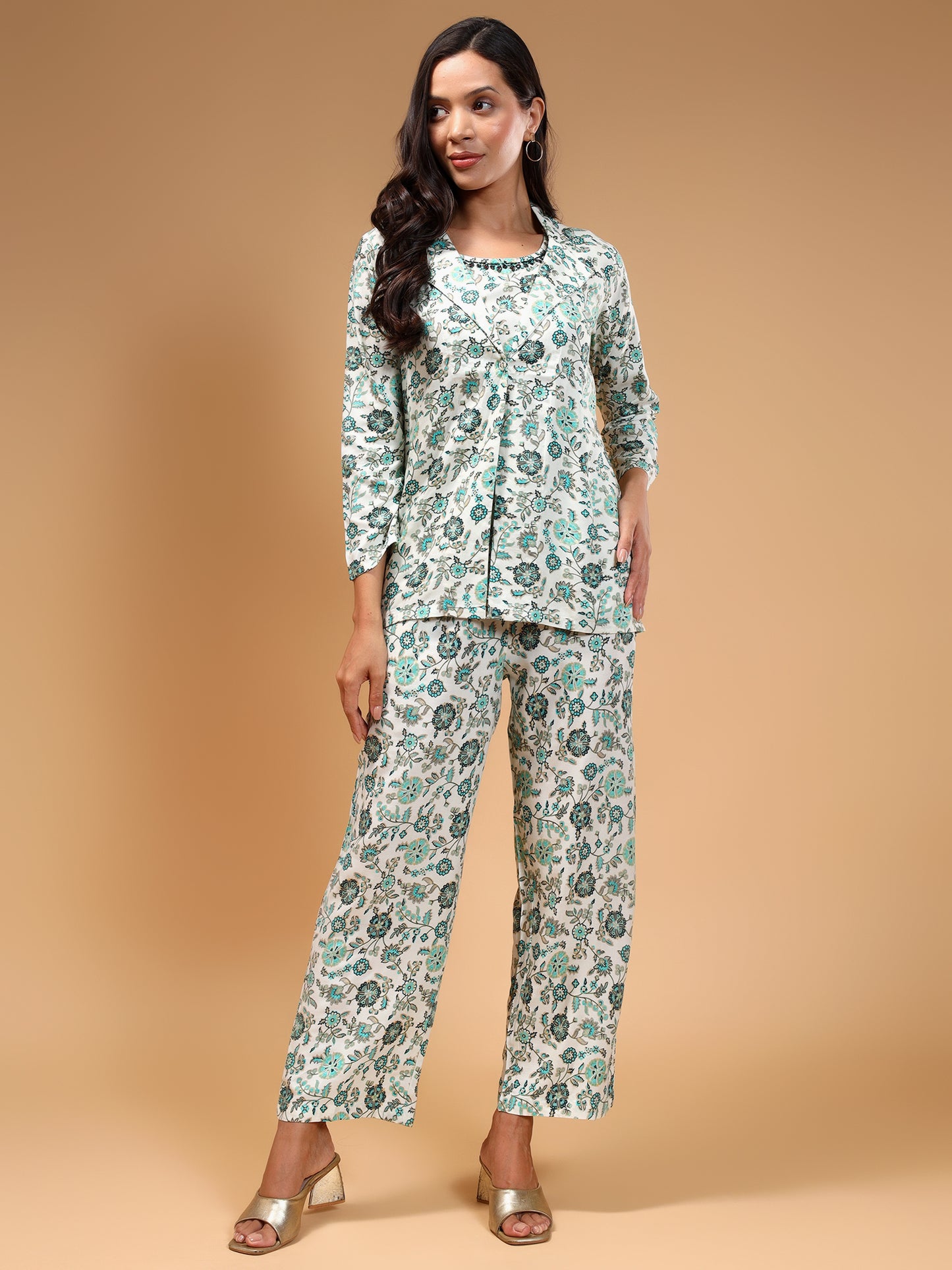 Floral Printed Top & Trousers With Shrug - Five Miles