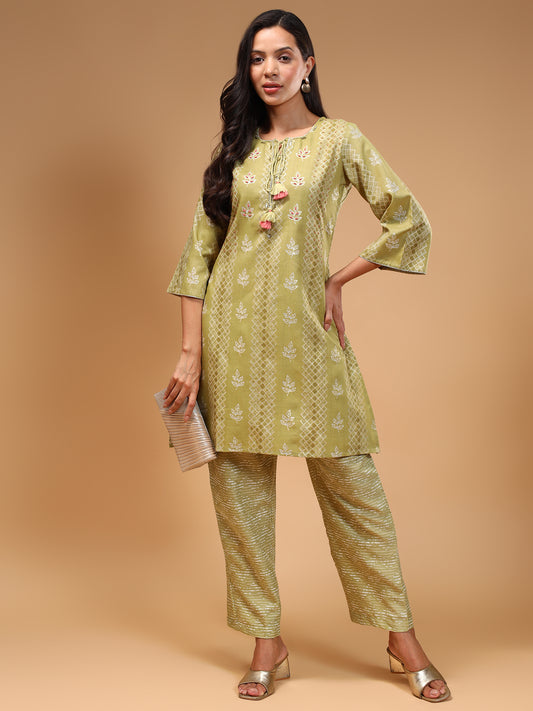 Round Neck Ethnic Motif Printed Flared Sleeve Pure Cotton Kurti With Trousers - Five Miles