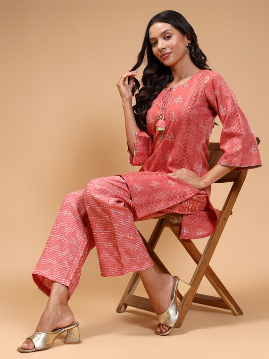 Round Neck Ethnic Motif Printed Flared Sleeve Kurti With Trousers - Five Miles