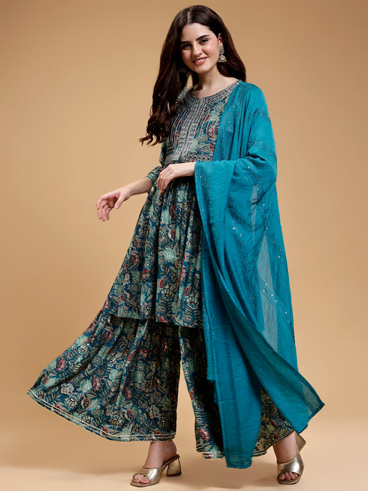 Floral Printed Mirror Work Detailed Liva A-Line Kurta & Sharara with Dupatta - Five Miles