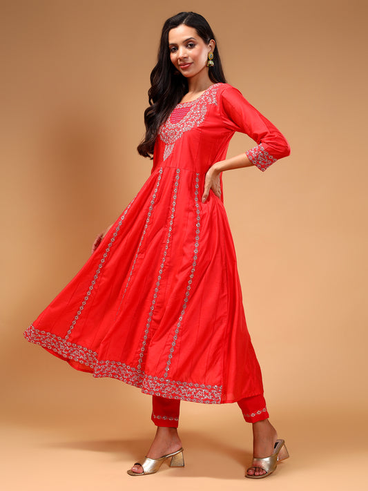 Ethnic Motifs Embroidered Zari Chanderi Silk Kurta With Trousers & Dupatta - Five Miles