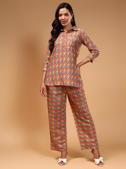 Ethnic Motifs Printed Shirt Collar Co-Ord's set - Five Miles