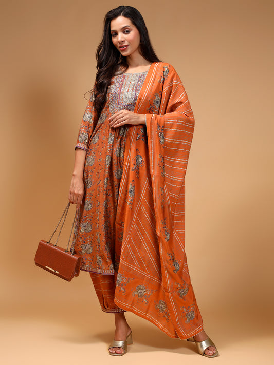 Ethnic Motifs Yoke Design Chanderi Silk Kurta With Cuffed Salwar & Dupatta - Five Miles