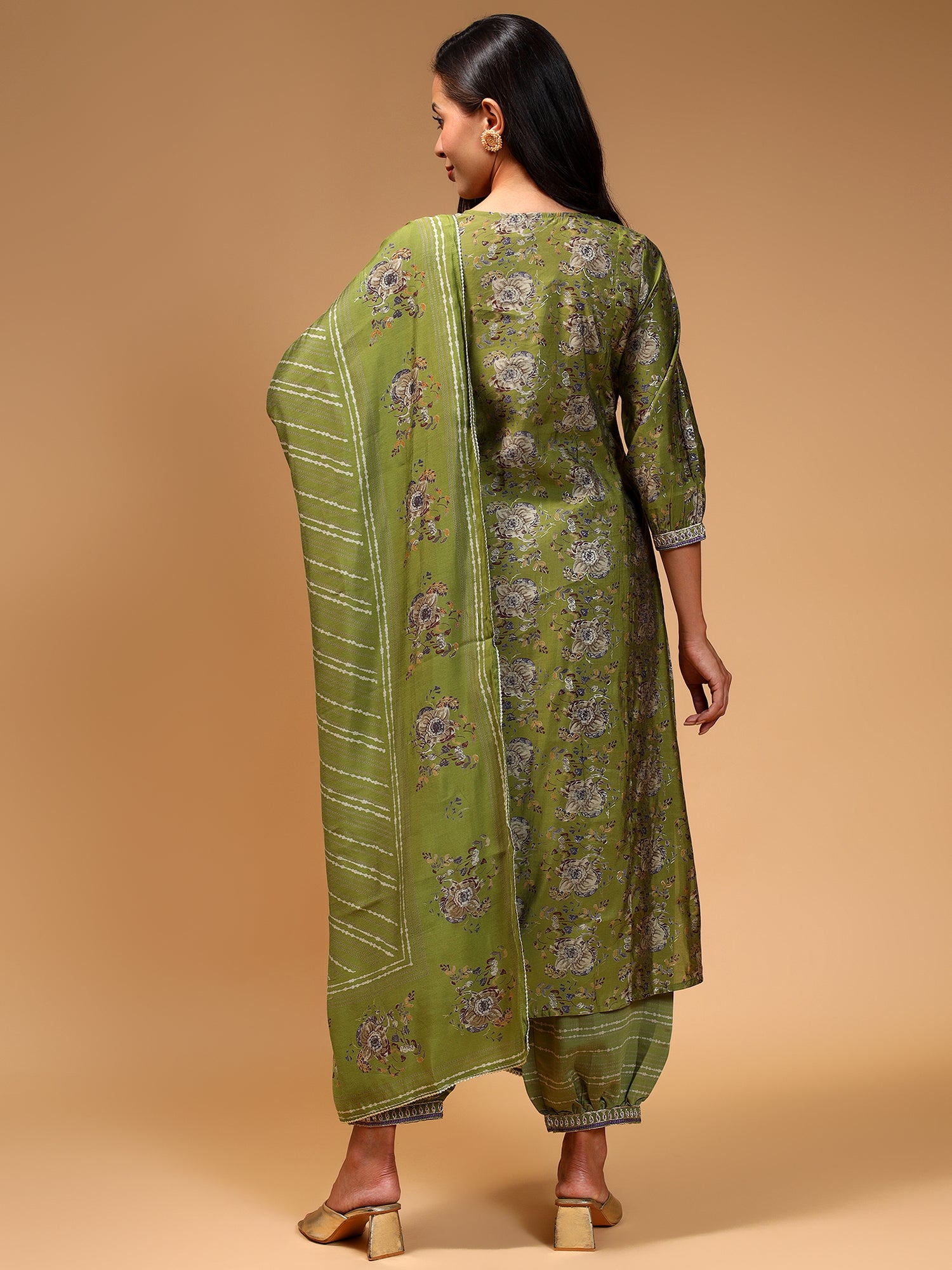 Ethnic Motifs Yoke Design Chanderi Silk Kurta With Cuffed Salwar & Dupatta - Five Miles