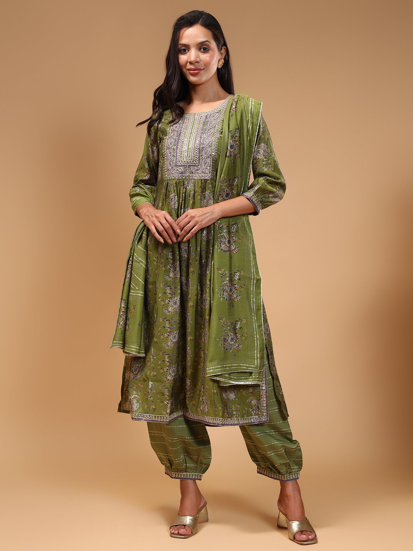 Ethnic Motifs Yoke Design Chanderi Silk Kurta With Cuffed Salwar & Dupatta - Five Miles