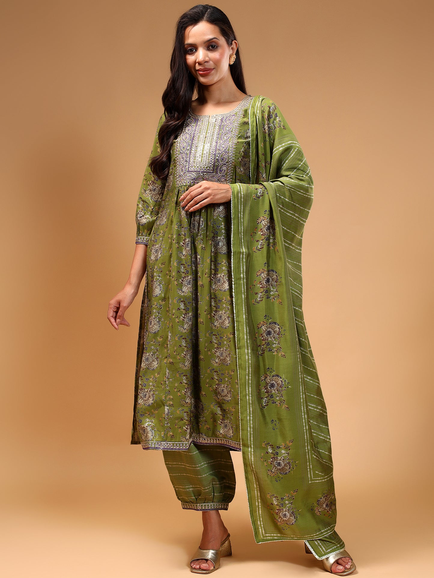 Ethnic Motifs Yoke Design Chanderi Silk Kurta With Cuffed Salwar & Dupatta - Five Miles