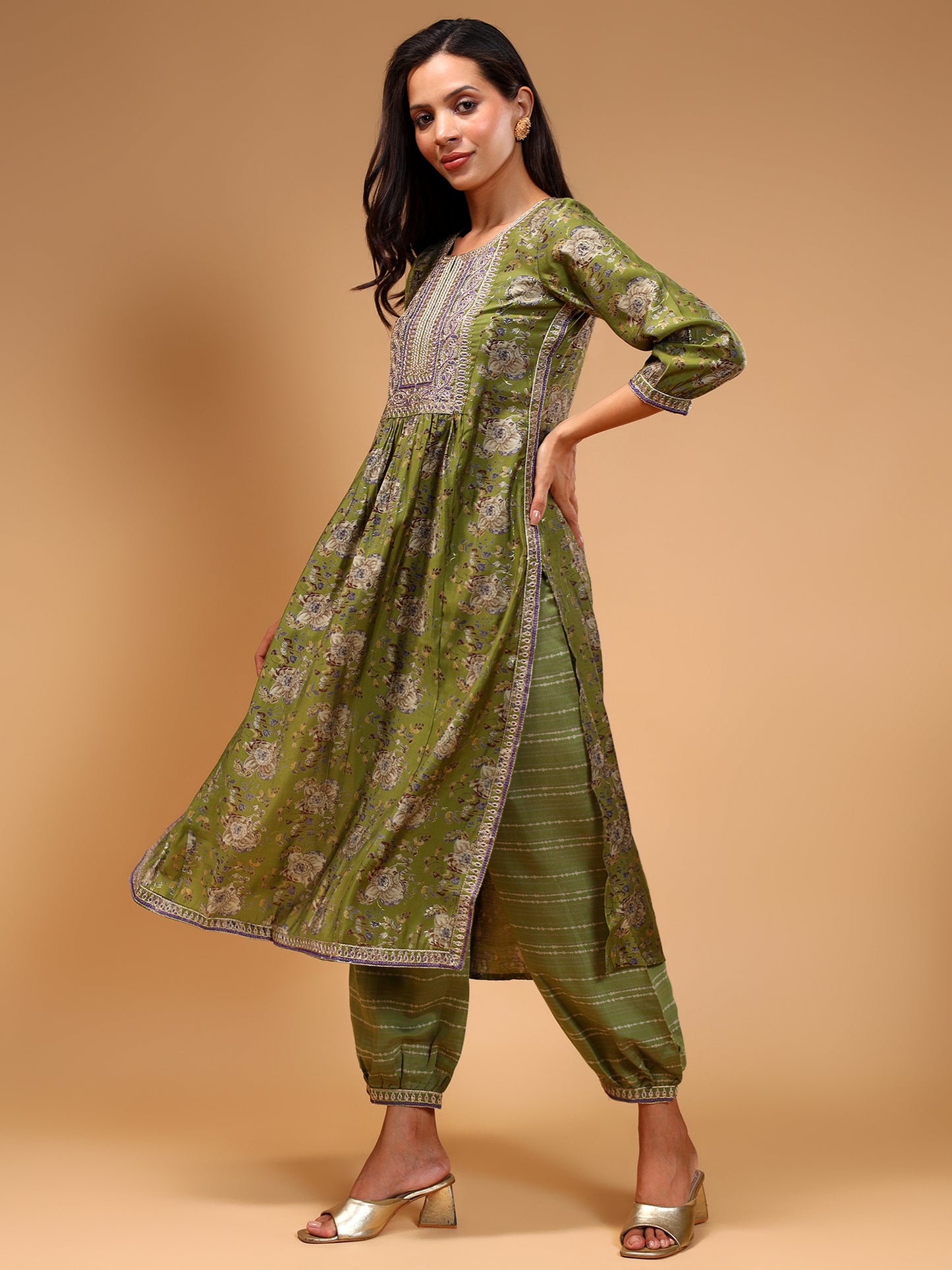 Ethnic Motifs Yoke Design Chanderi Silk Kurta With Cuffed Salwar & Dupatta - Five Miles