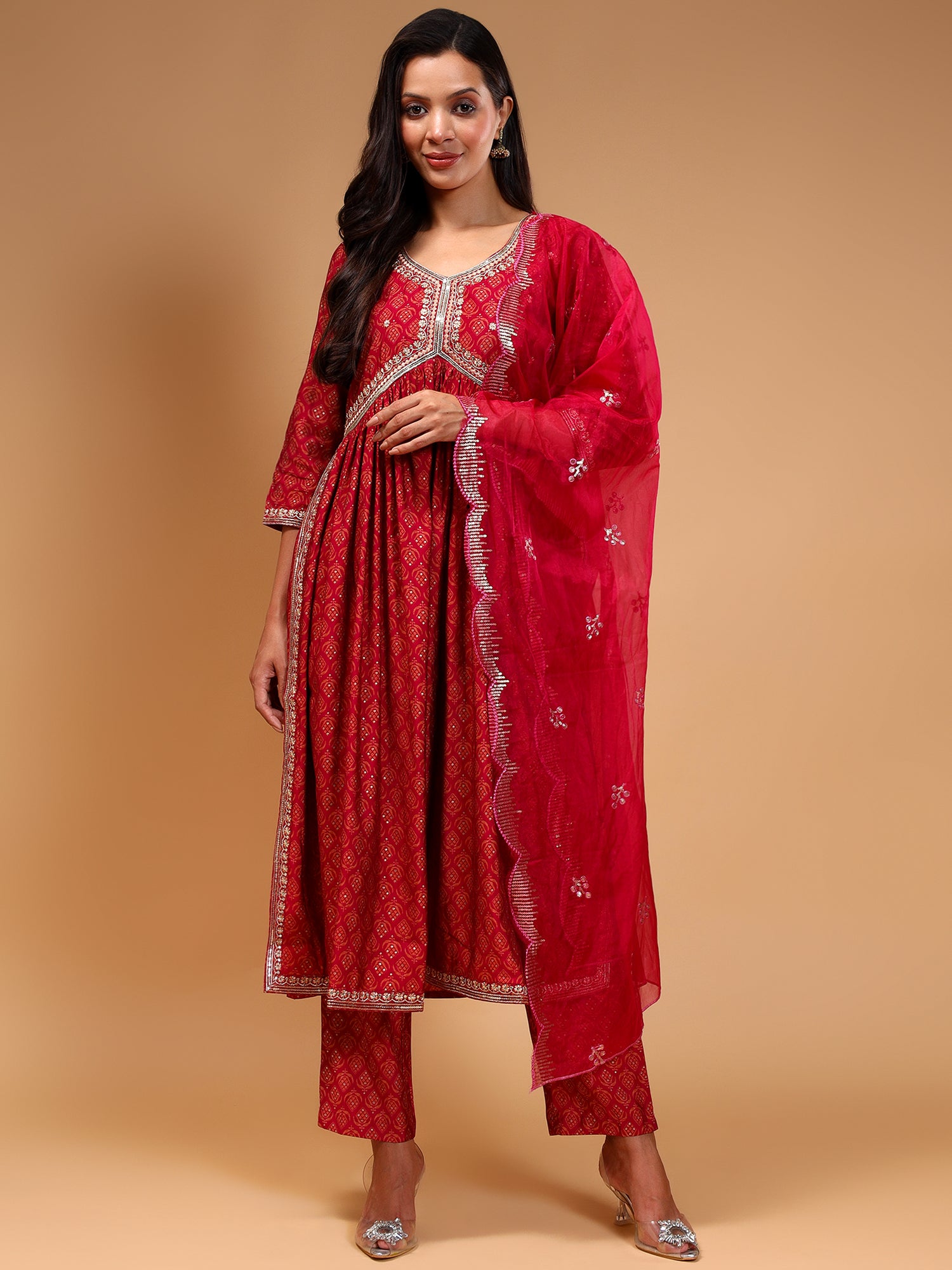 Ethnic Motifs Embroidered Empire Chanderi Silk Kurta With Trousers & Dupatta - Five Miles