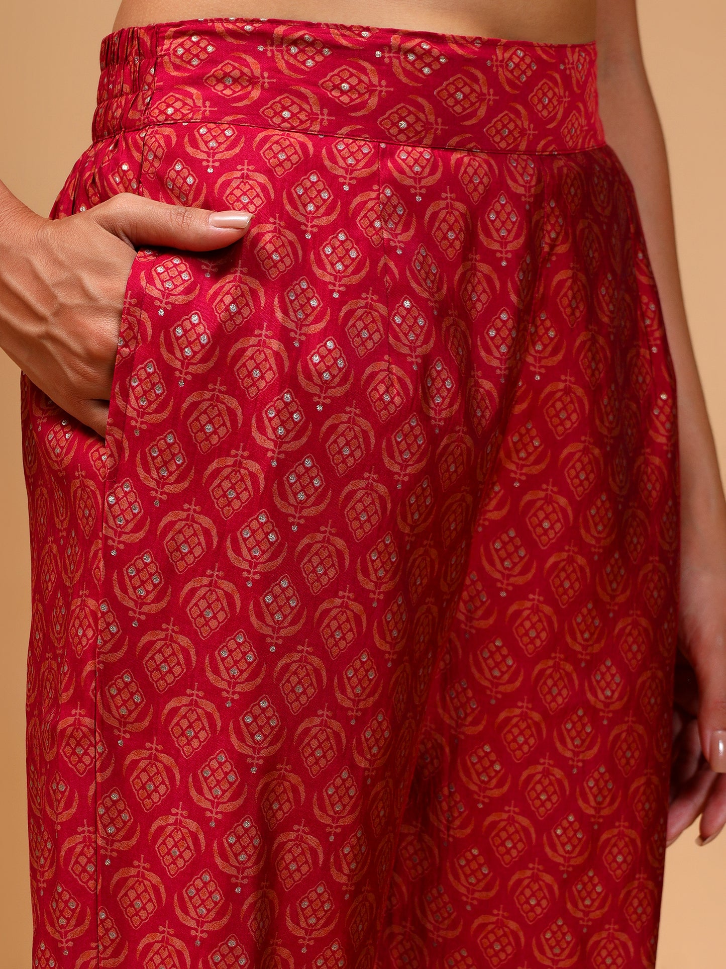 Ethnic Motifs Embroidered Empire Chanderi Silk Kurta With Trousers & Dupatta - Five Miles