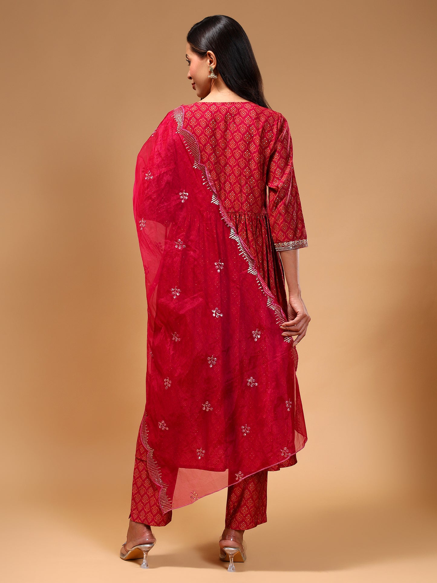 Ethnic Motifs Embroidered Empire Chanderi Silk Kurta With Trousers & Dupatta - Five Miles