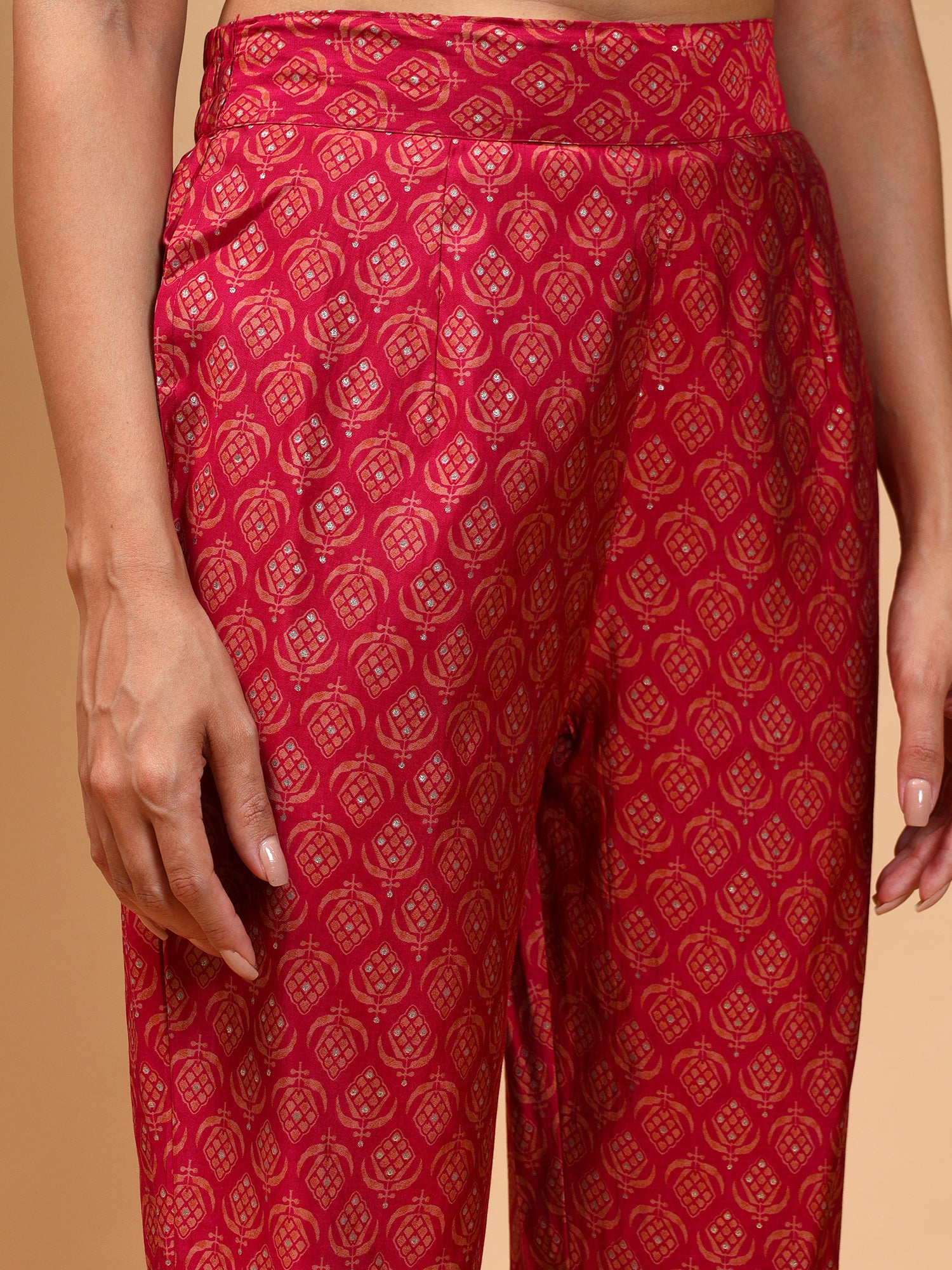 Ethnic Motifs Embroidered Empire Chanderi Silk Kurta With Trousers & Dupatta - Five Miles