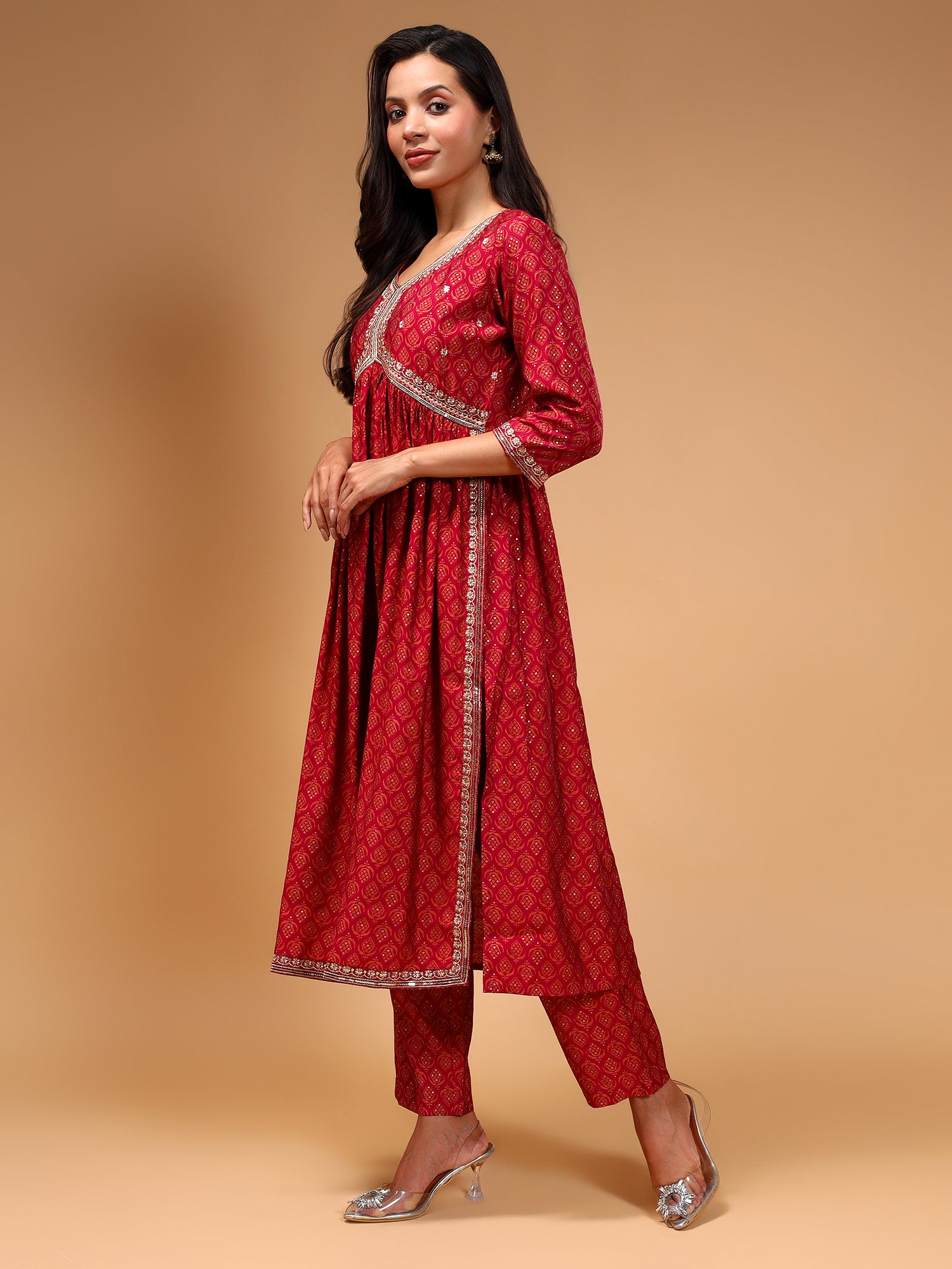 Ethnic Motifs Embroidered Empire Chanderi Silk Kurta With Trousers & Dupatta - Five Miles