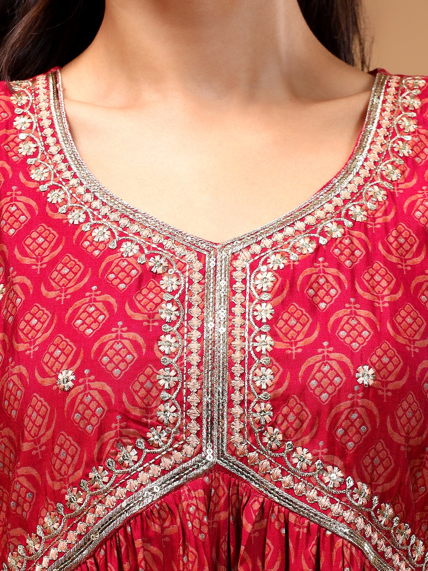 Ethnic Motifs Embroidered Empire Chanderi Silk Kurta With Trousers & Dupatta - Five Miles