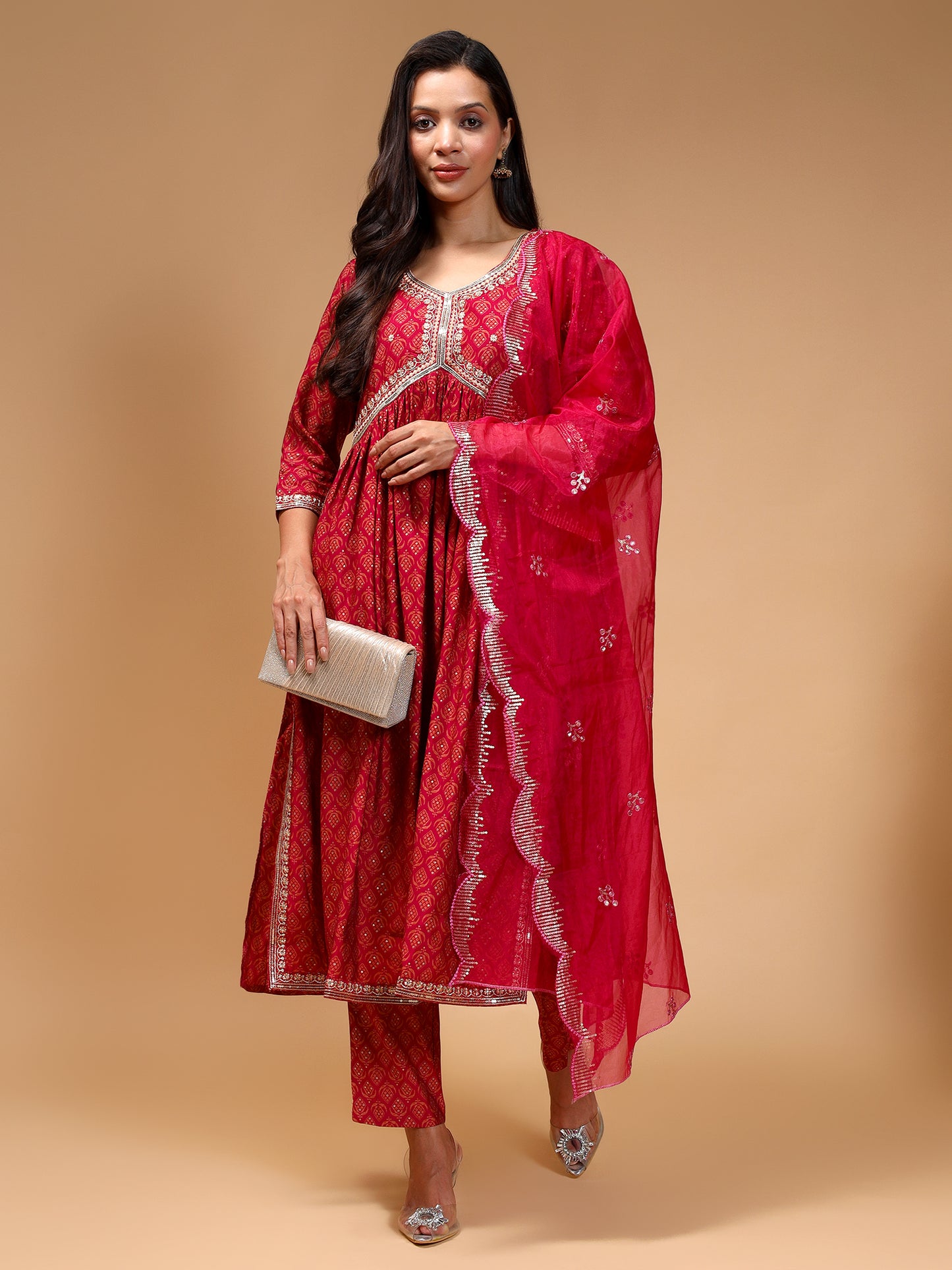 Ethnic Motifs Embroidered Empire Chanderi Silk Kurta With Trousers & Dupatta - Five Miles