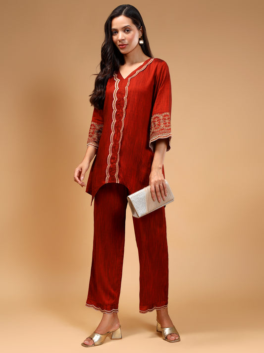 Embroidered V-Neck Tunic & Palazzos Set - Five Miles