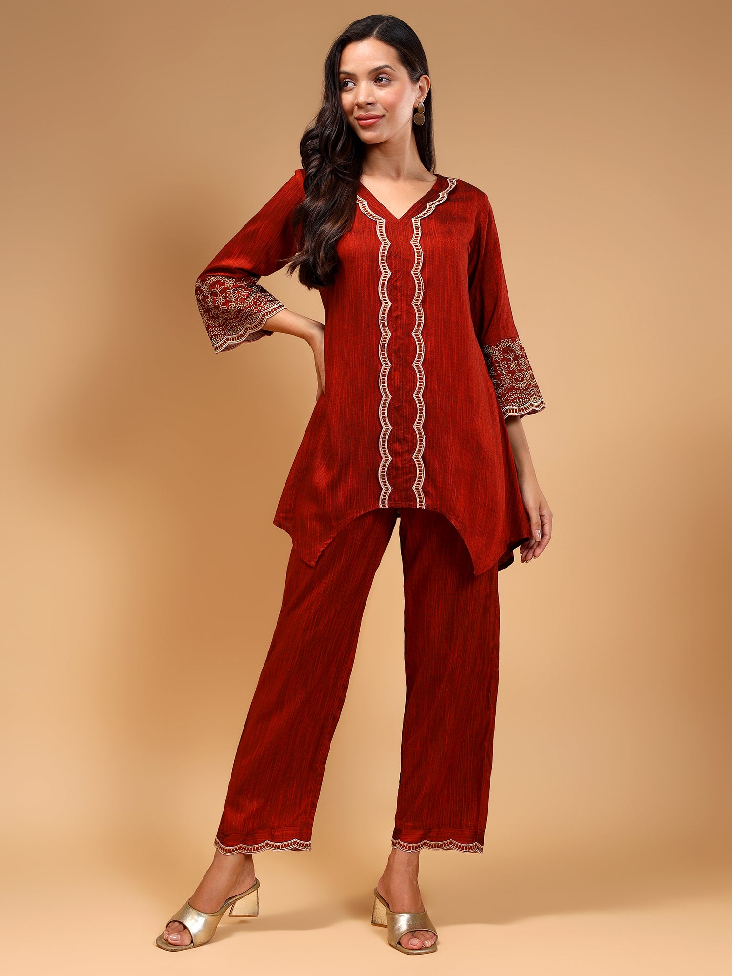 Embroidered V-Neck Tunic & Palazzos Set - Five Miles