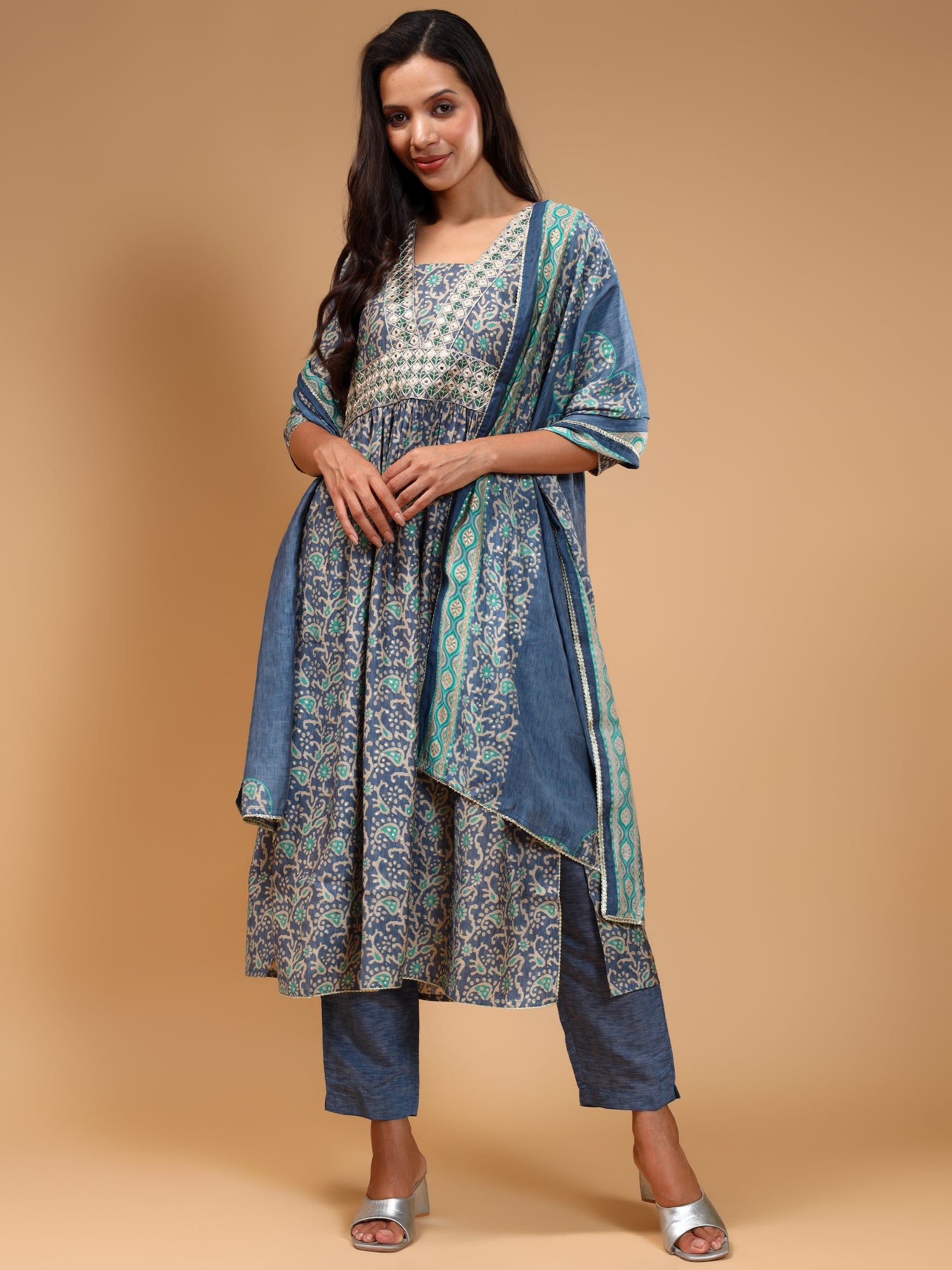 Floral Printed Thread Work High Slit Kurta With Trousers & Dupatta - Five Miles