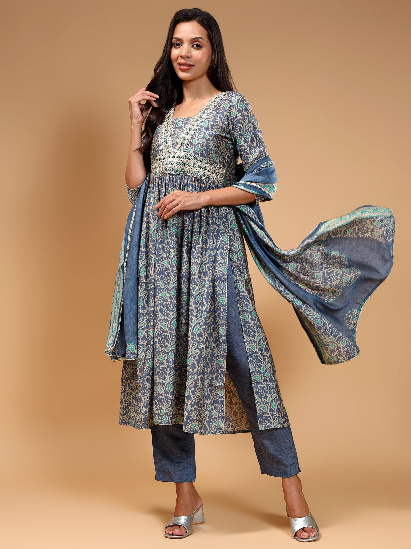 Floral Printed Thread Work High Slit Kurta With Trousers & Dupatta - Five Miles