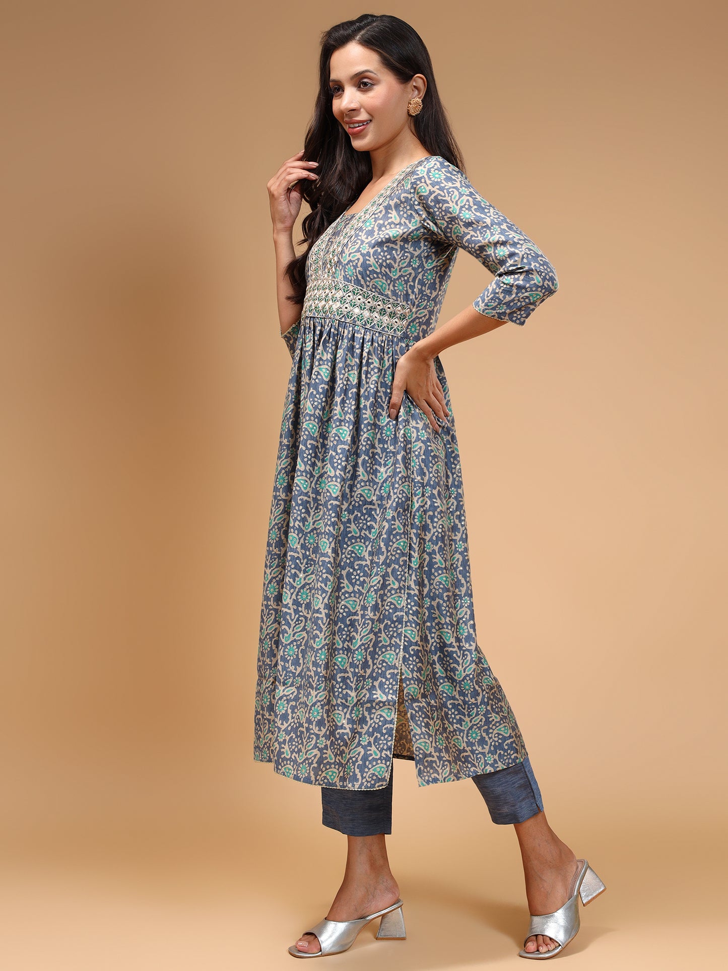 Floral Printed Thread Work High Slit Kurta With Trousers & Dupatta - Five Miles