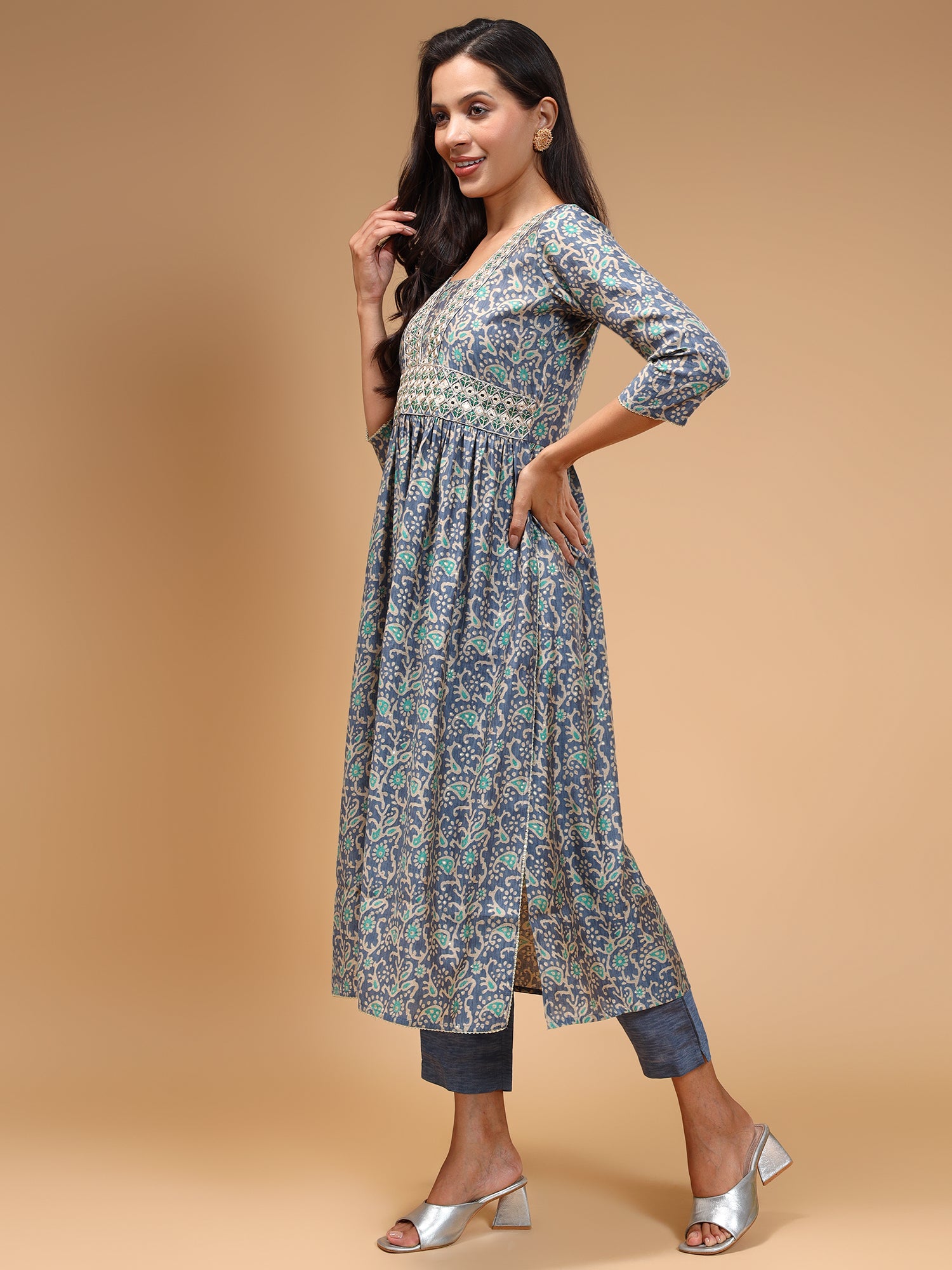 Floral Printed Thread Work High Slit Kurta With Trousers & Dupatta - Five Miles