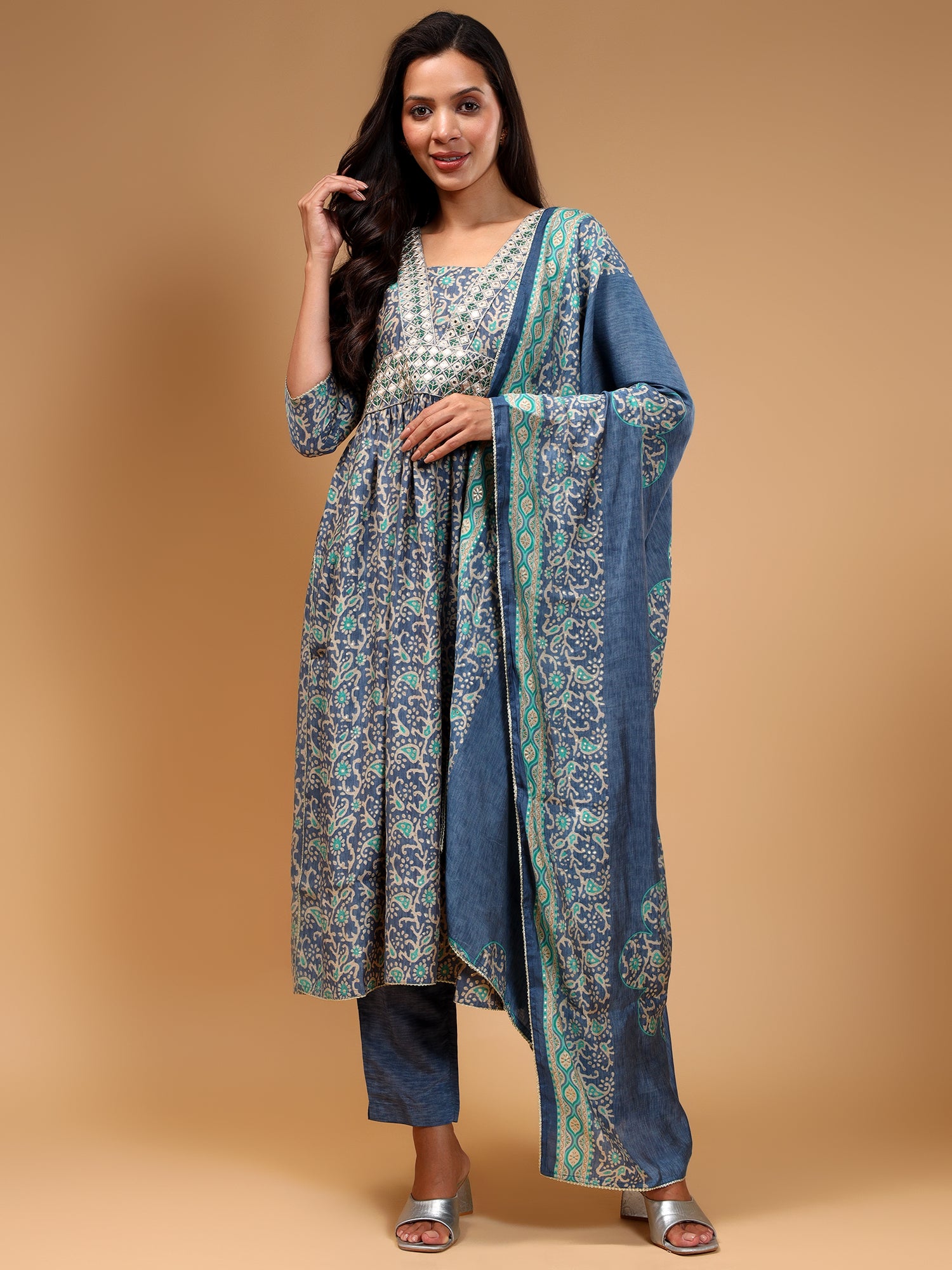 Floral Printed Thread Work High Slit Kurta With Trousers & Dupatta - Five Miles