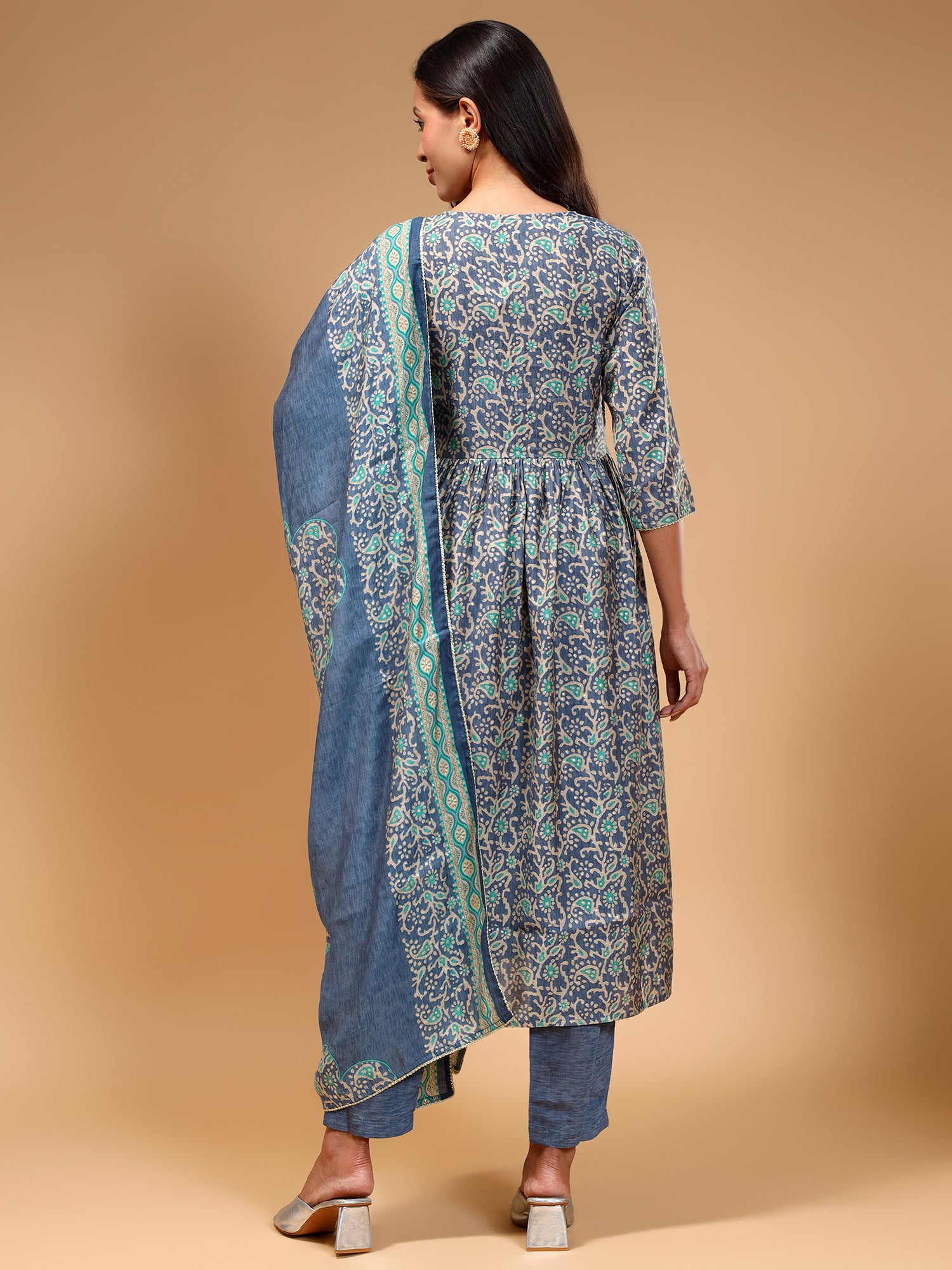 Floral Printed Thread Work High Slit Kurta With Trousers & Dupatta - Five Miles