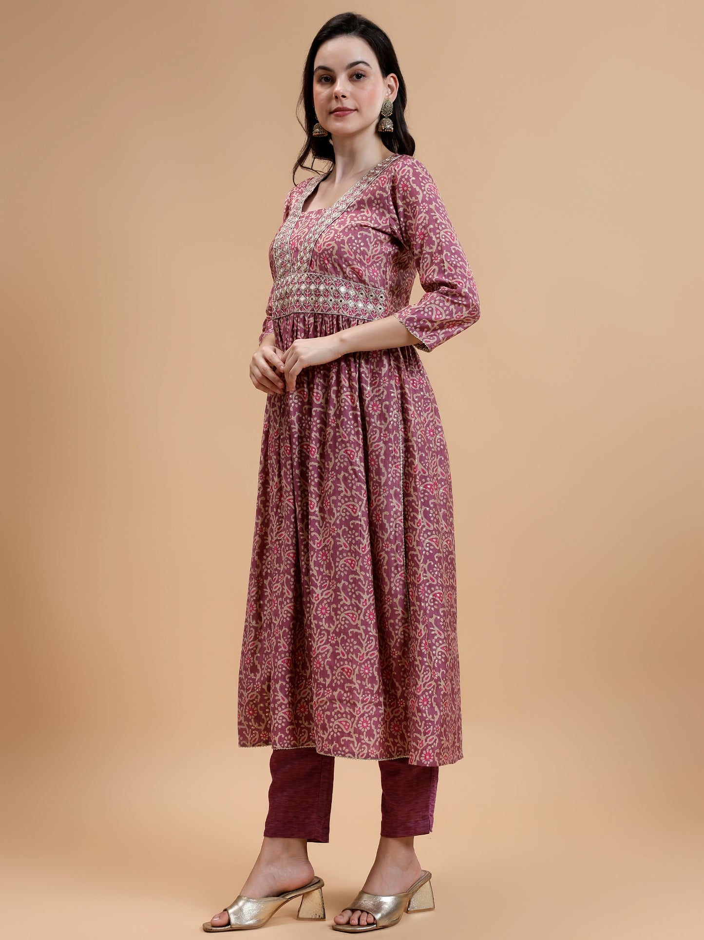 Ethnic Motifs Embroidered Mirror Work Chanderi Silk Kurta Set - Five Miles