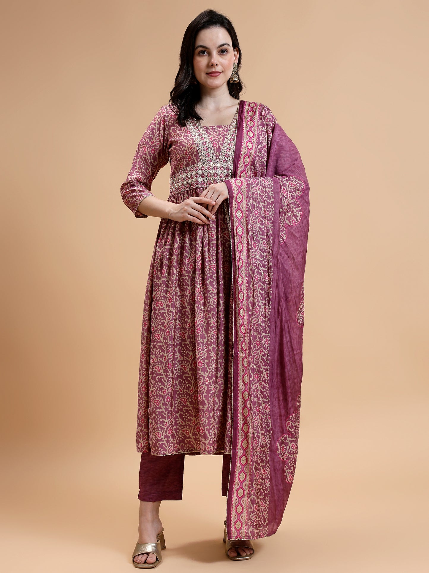 Ethnic Motifs Embroidered Mirror Work Chanderi Silk Kurta Set - Five Miles