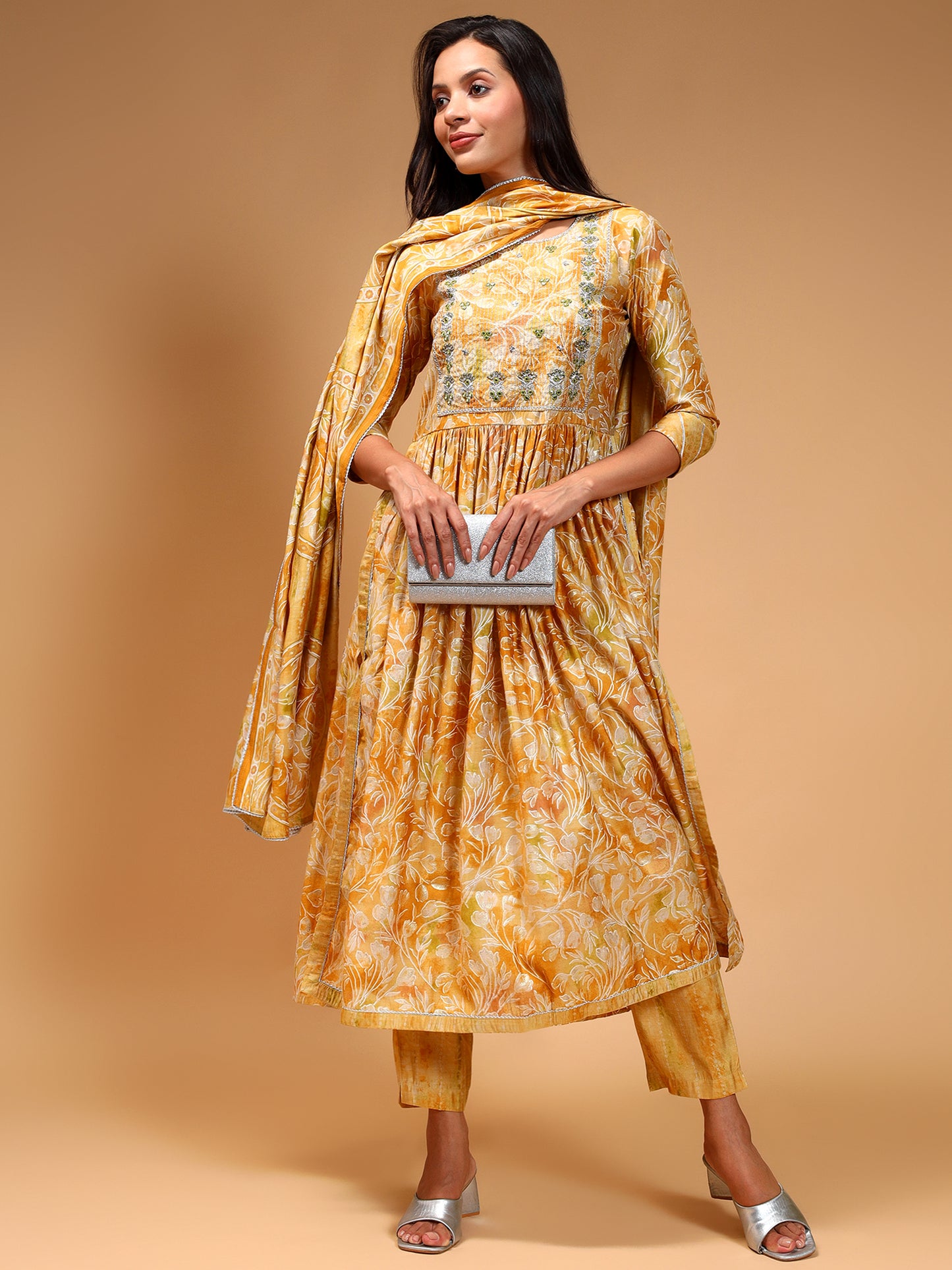 Ethnic Motifs Embroidered Sequinned Chanderi Silk A-Line Kurta Set - Five Miles