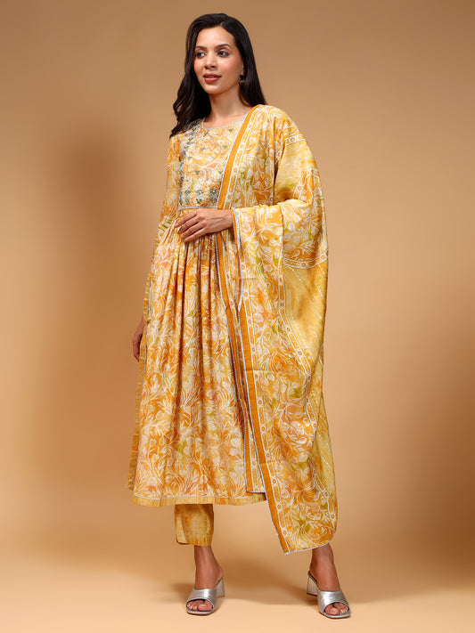 Ethnic Motifs Embroidered Sequinned Chanderi Silk A-Line Kurta Set - Five Miles